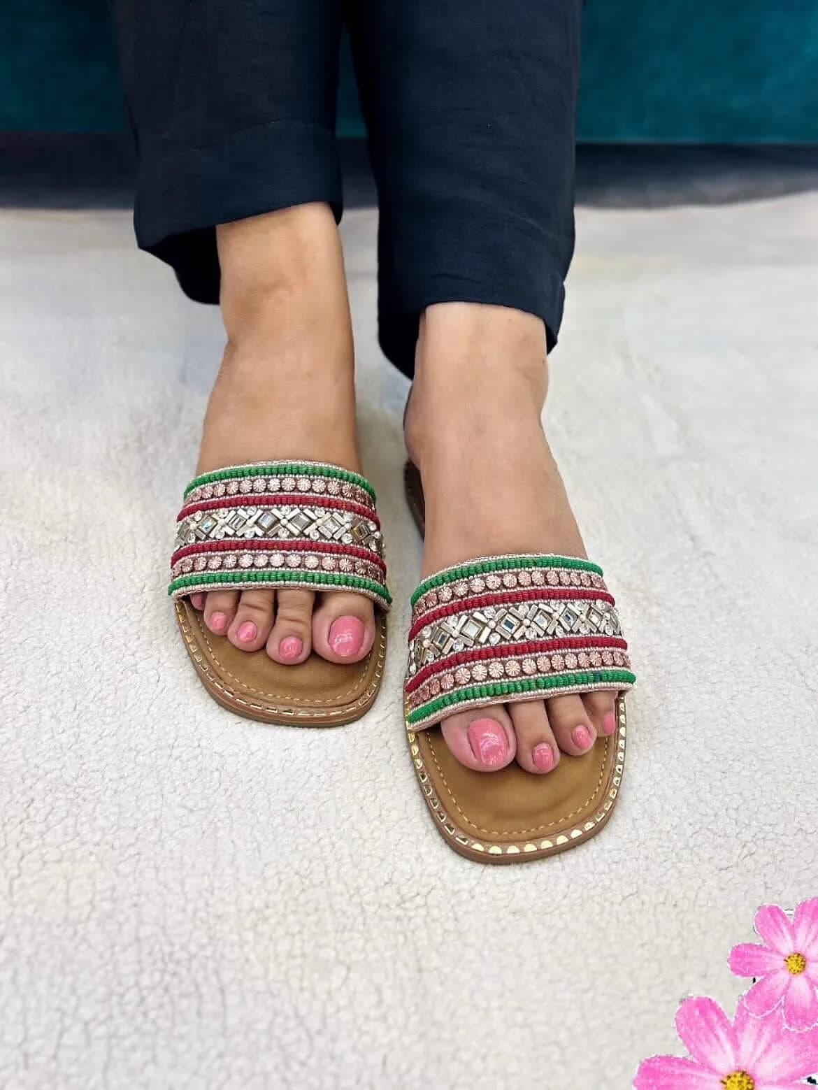 Blossom embroidery flat slippers rose gold