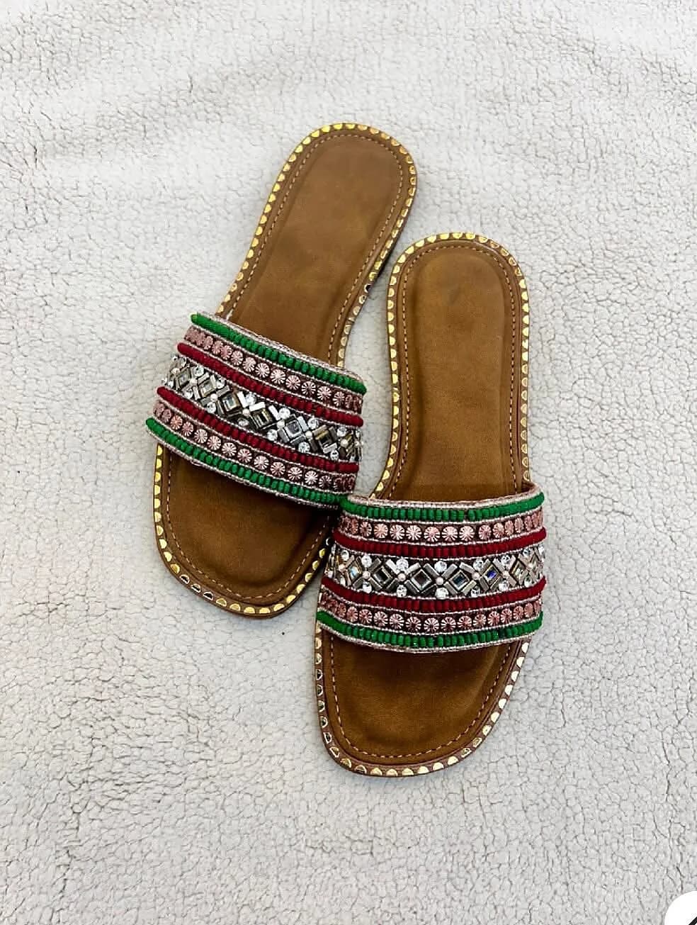 Blossom embroidery flat slippers rose gold