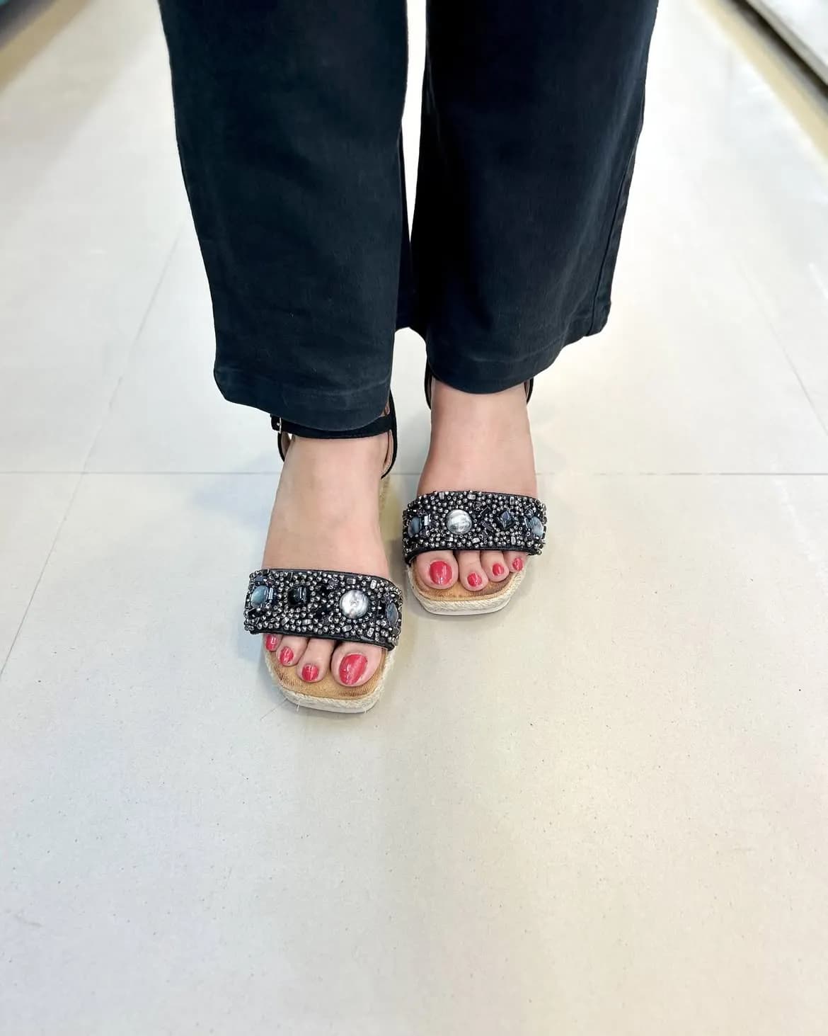 Glimmer Black Studded Wedge Sandals