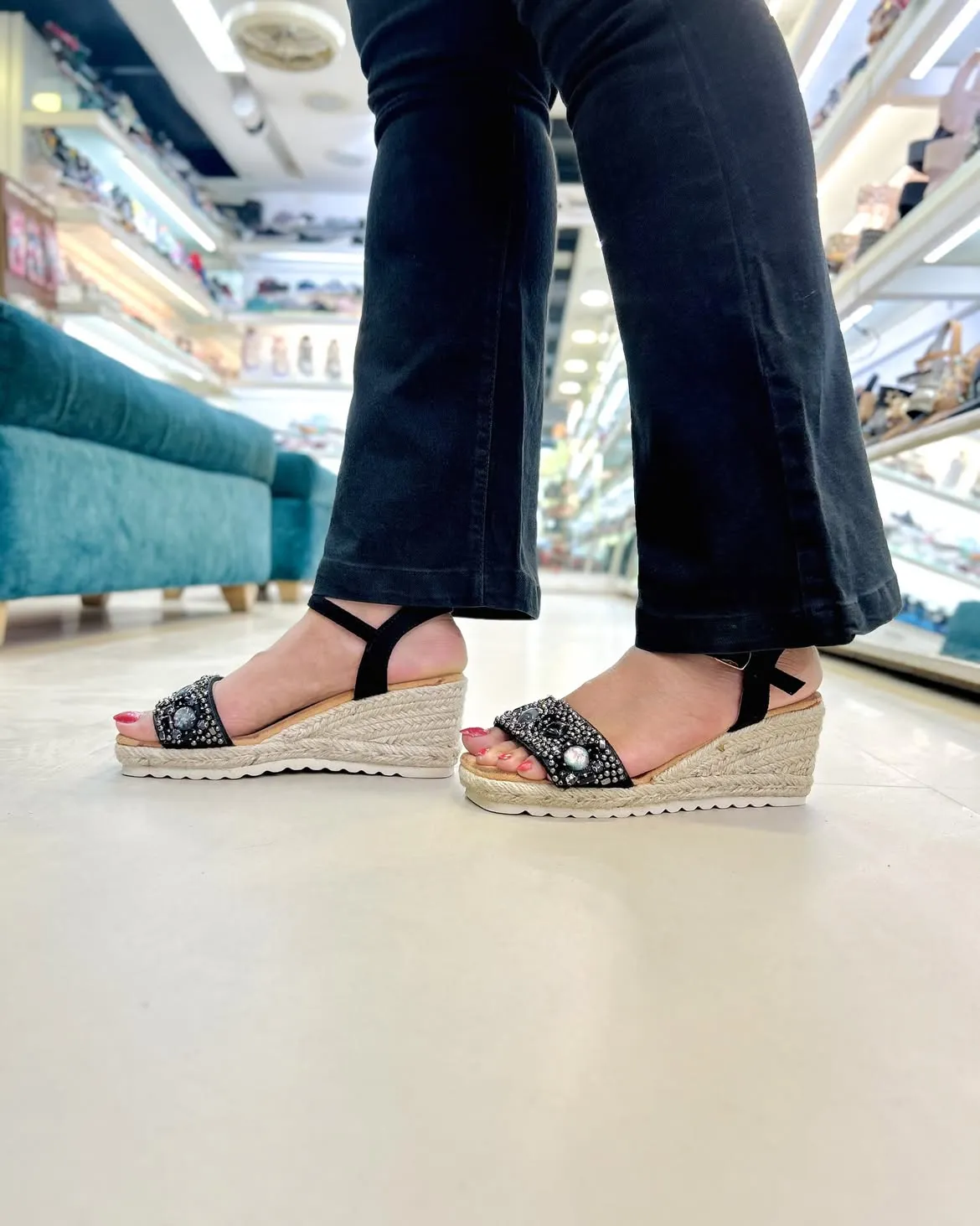 Glimmer Black Studded Wedge Sandals