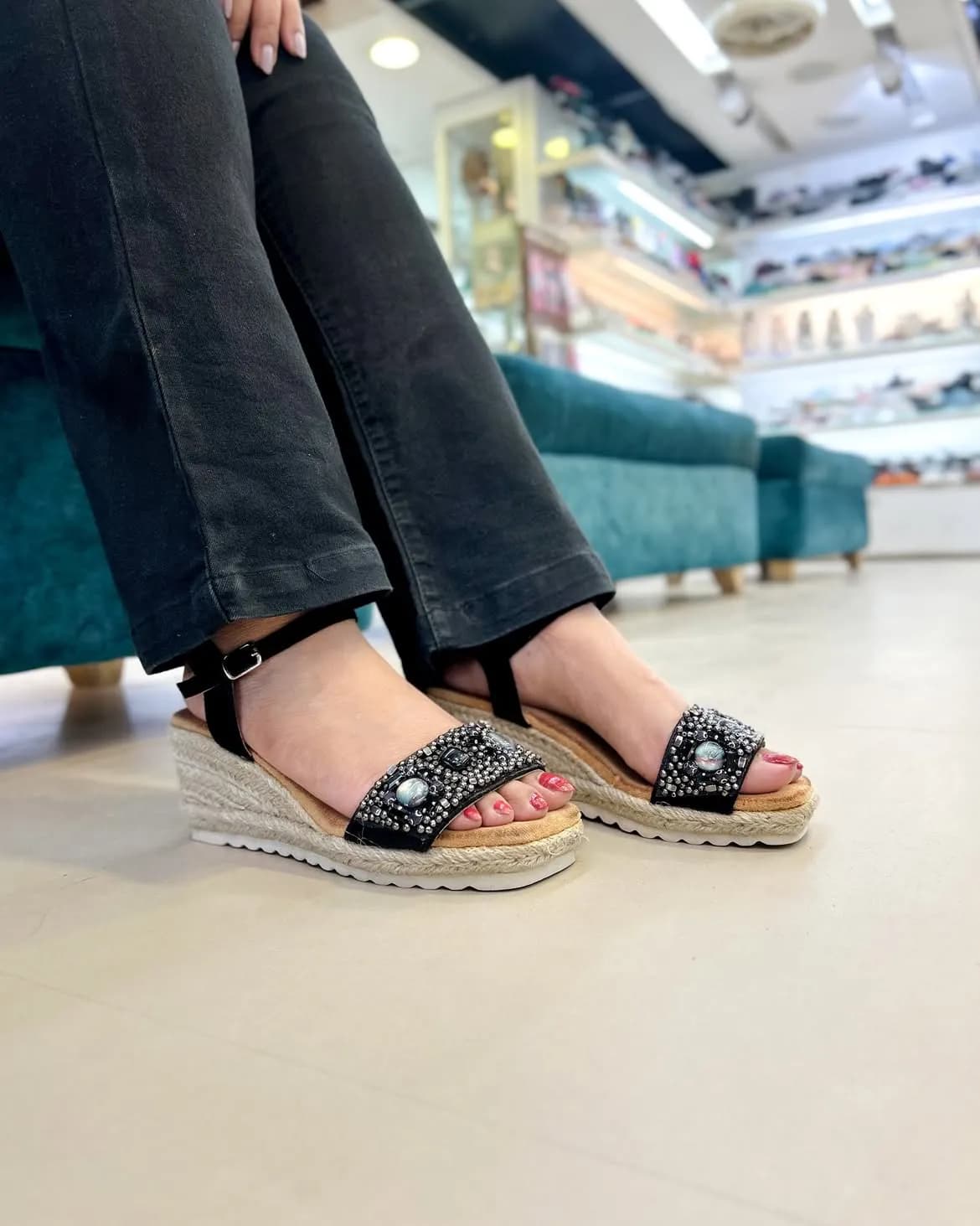 Glimmer Black Studded Wedge Sandals
