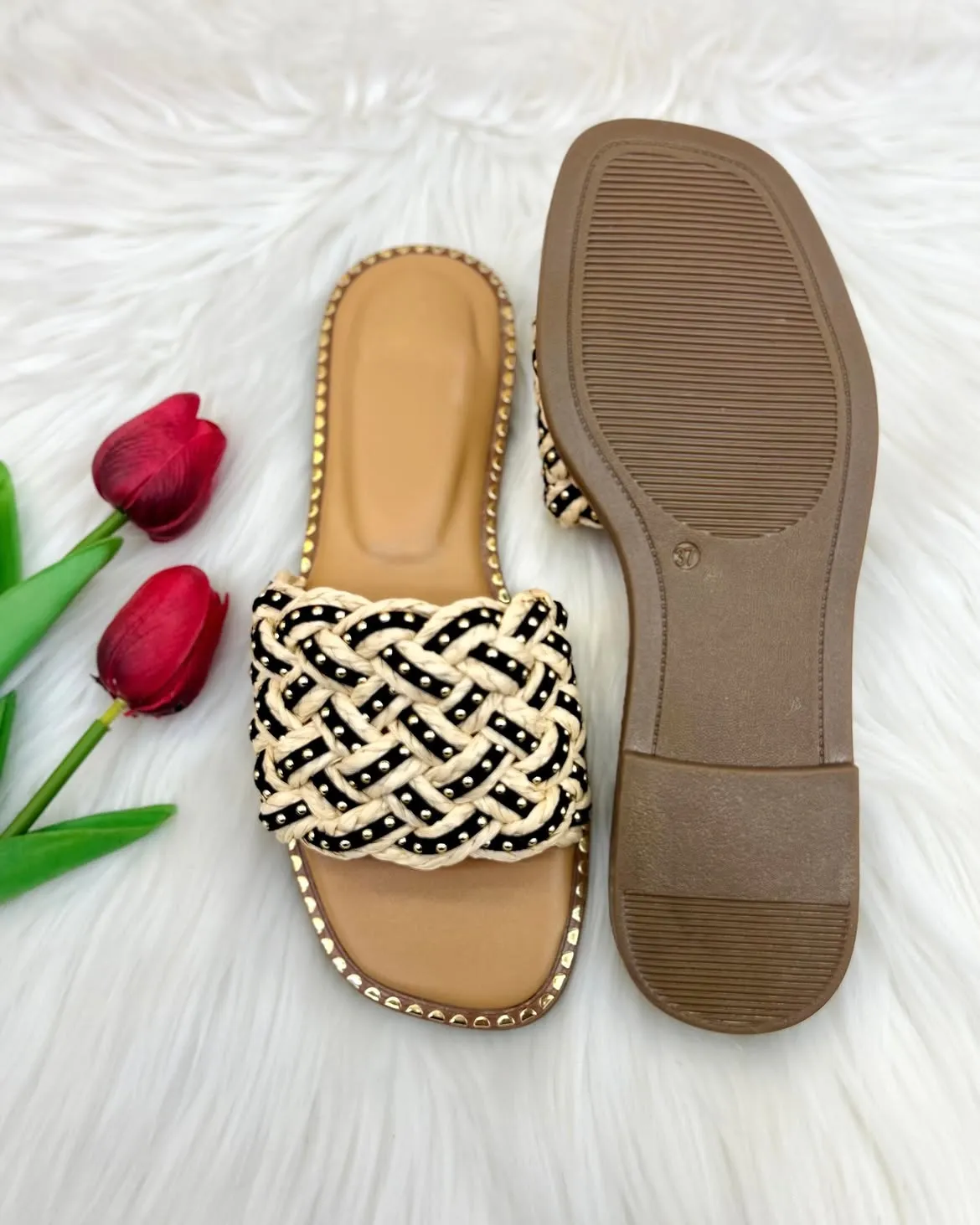 Braided Cushioned Studded Flats