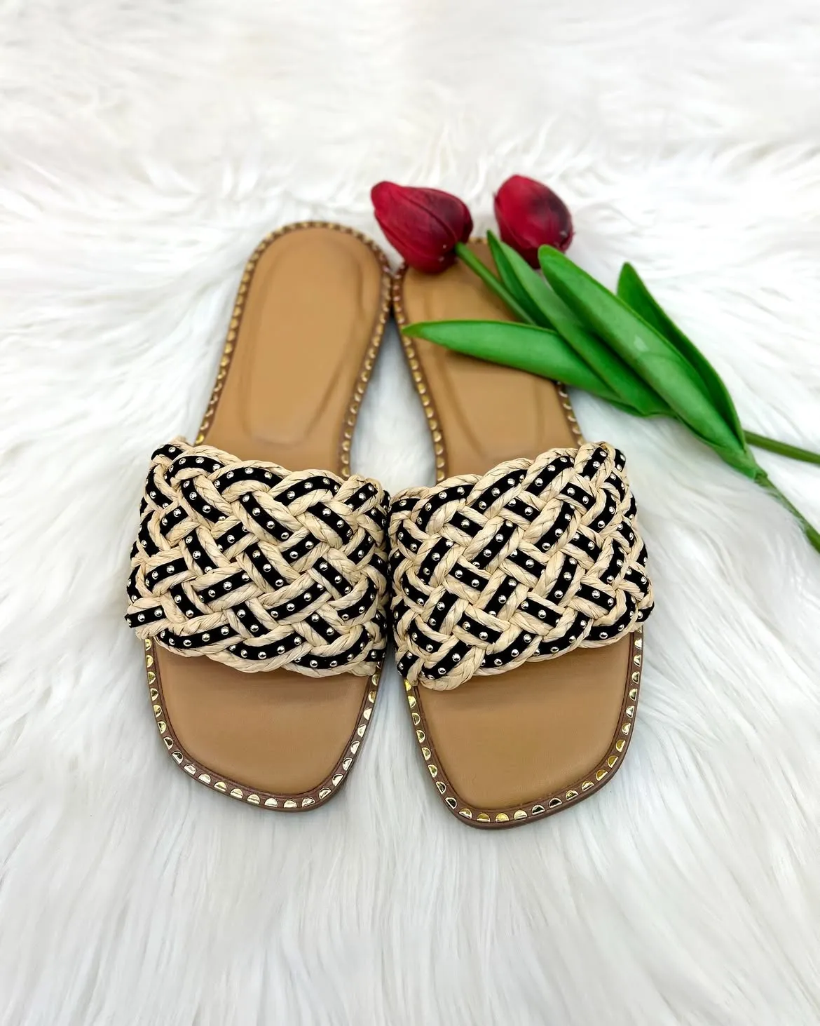 Braided Cushioned Studded Flats