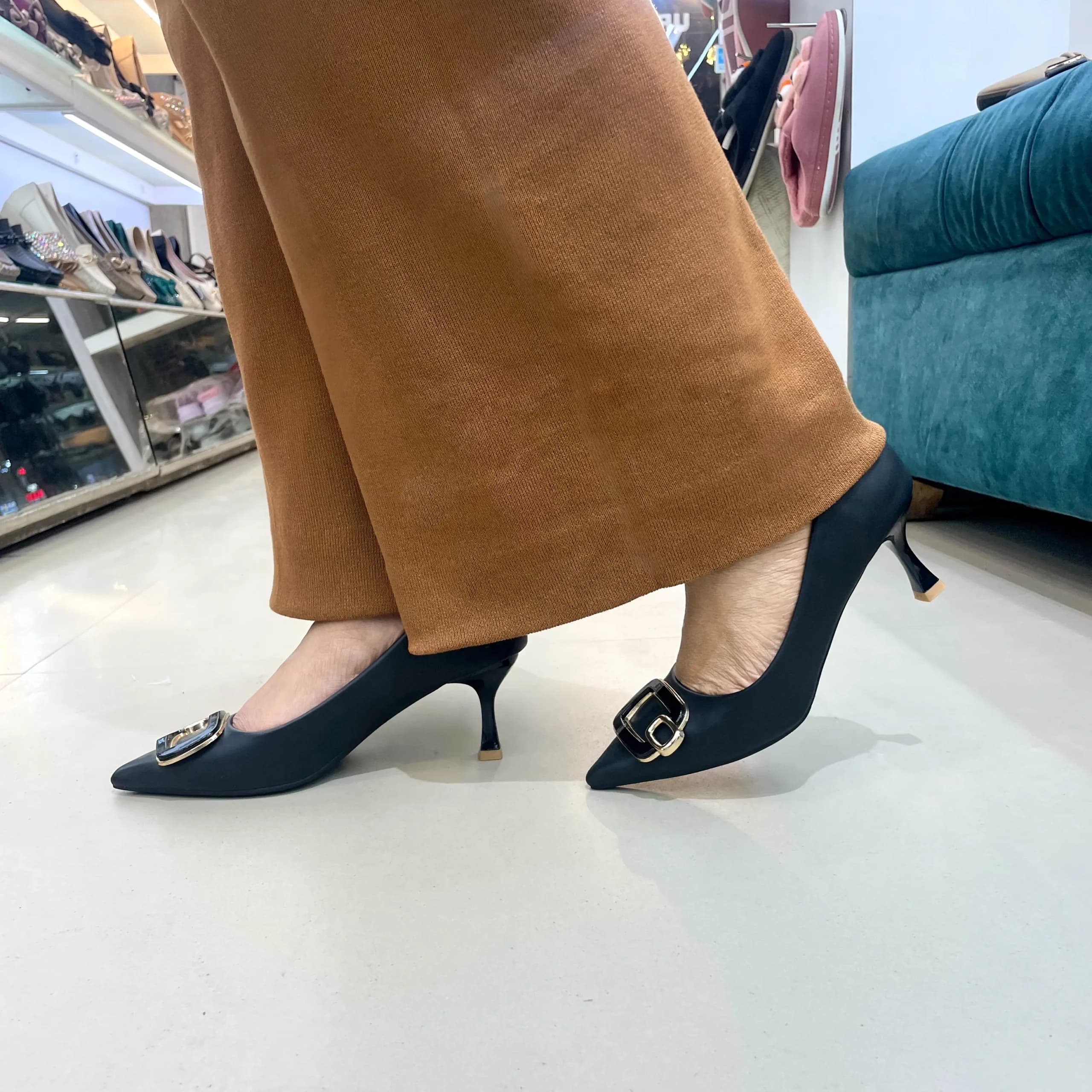 Urbantoes Elegant Black Pointed-Toe Kitten Heels with Gold Buckle Detail