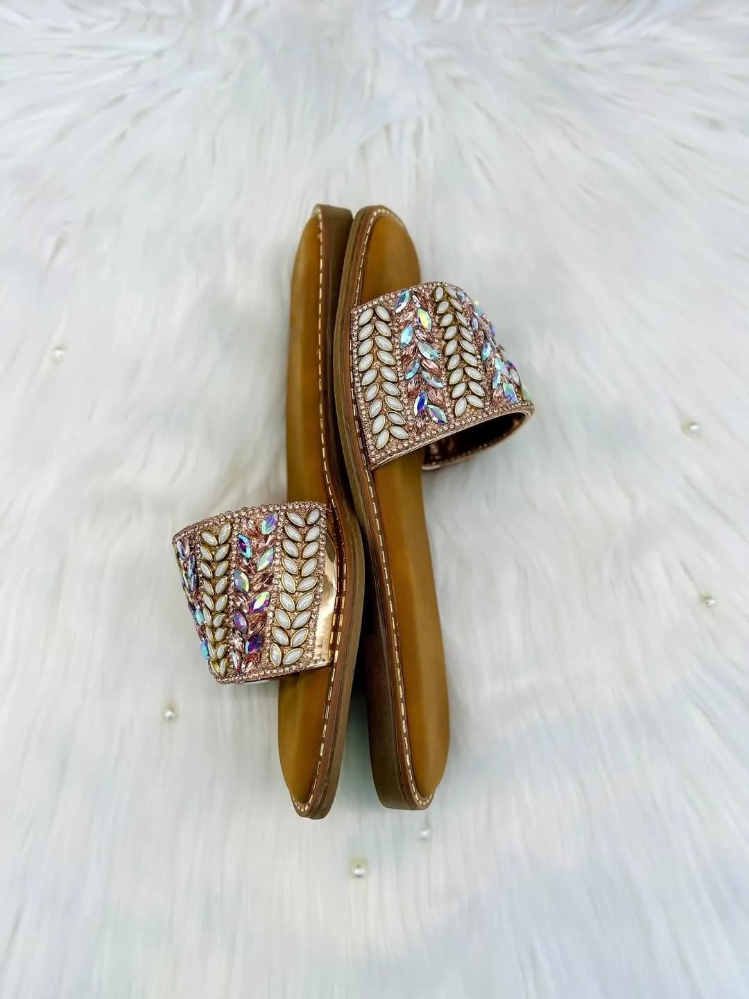 Urbantoes Rose Gold Crystal Leaf Embellished Slides Slipper – Festive Party Wear Flats