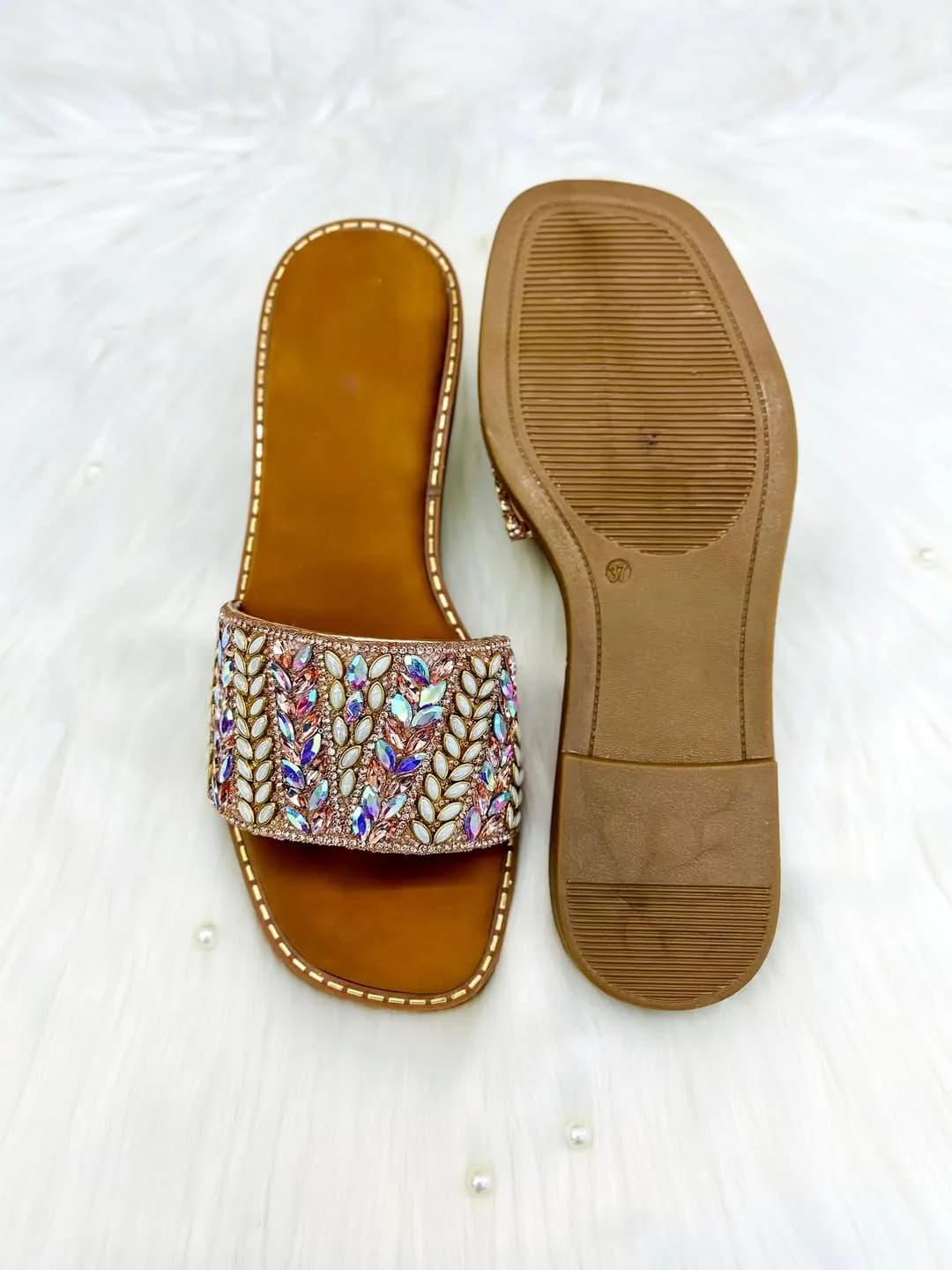 Urbantoes Rose Gold Crystal Leaf Embellished Slides Slipper – Festive Party Wear Flats