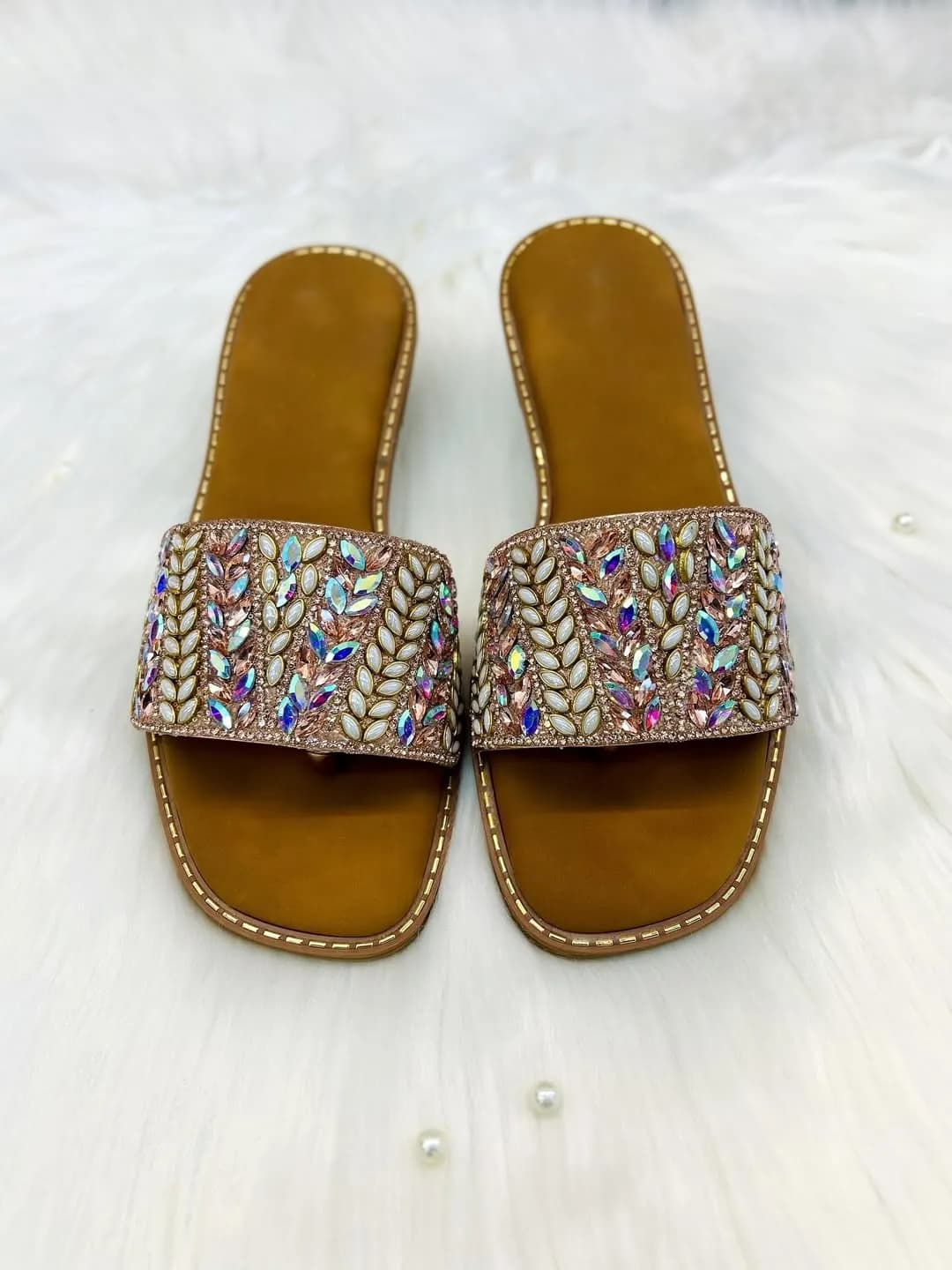Urbantoes Rose Gold Crystal Leaf Embellished Slides Slipper – Festive Party Wear Flats