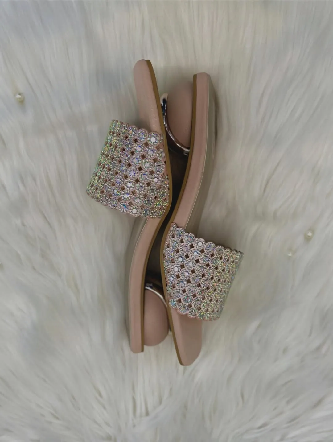 Champagne Shimmer Scalloped Block Heels – Iridescent Mesh Party Sandals
