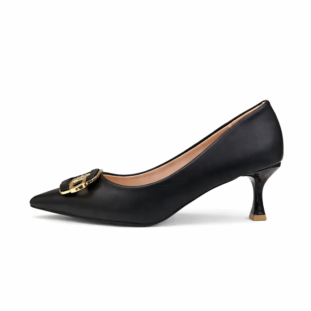 Urbantoes Elegant Black Pointed-Toe Kitten Heels with Gold Buckle Detail