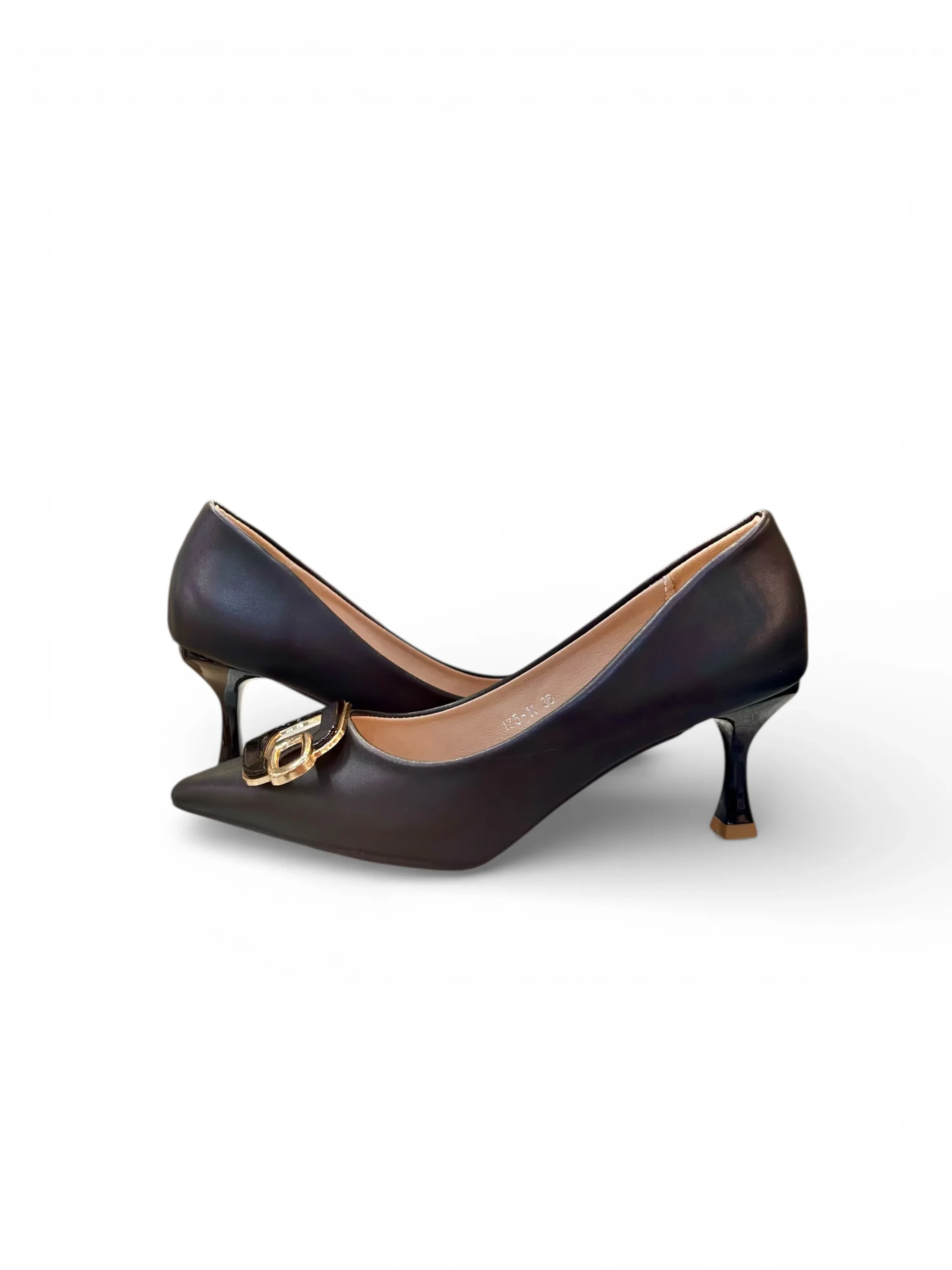 Urbantoes Elegant Black Pointed-Toe Kitten Heels with Gold Buckle Detail