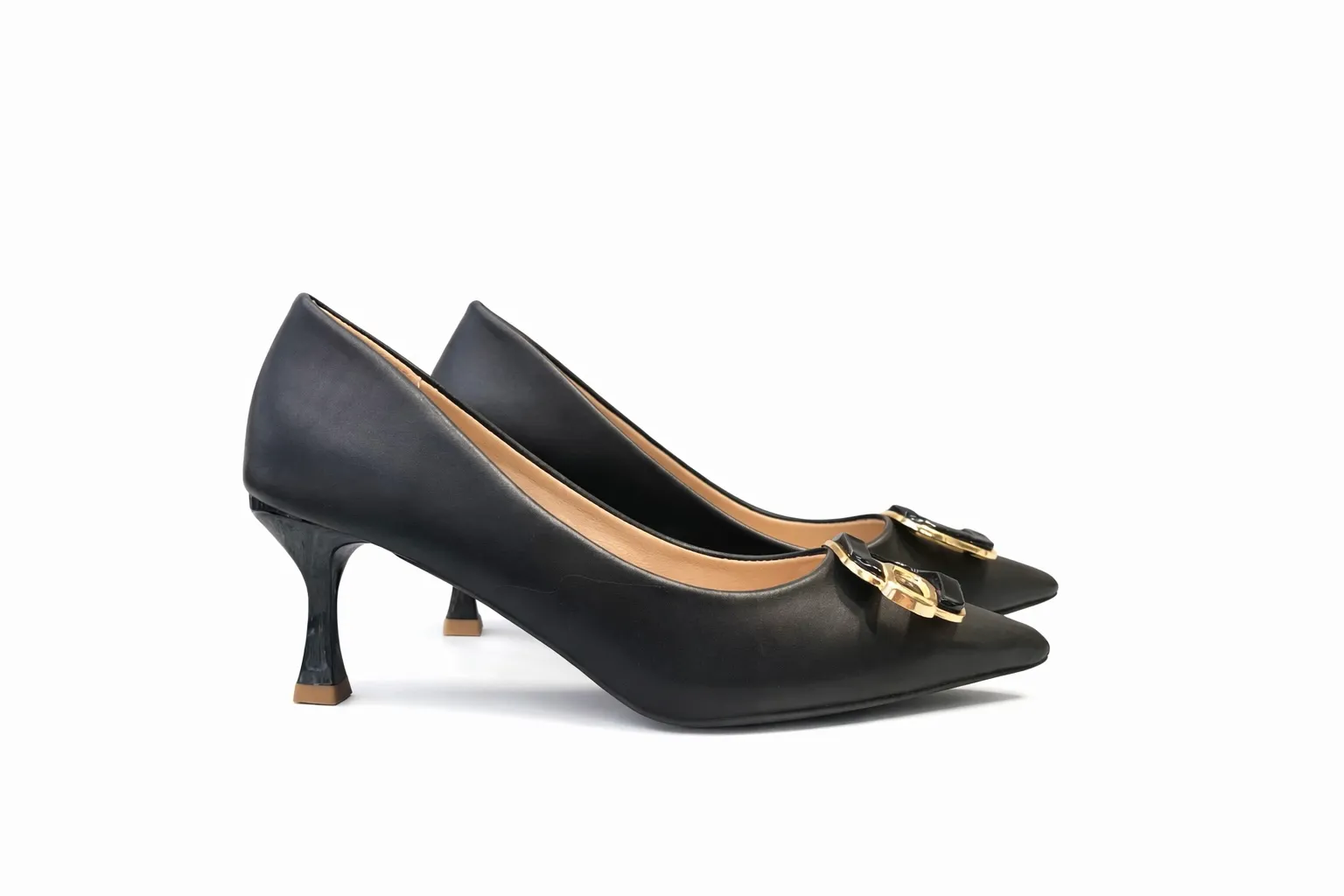 Urbantoes Elegant Black Pointed-Toe Kitten Heels with Gold Buckle Detail