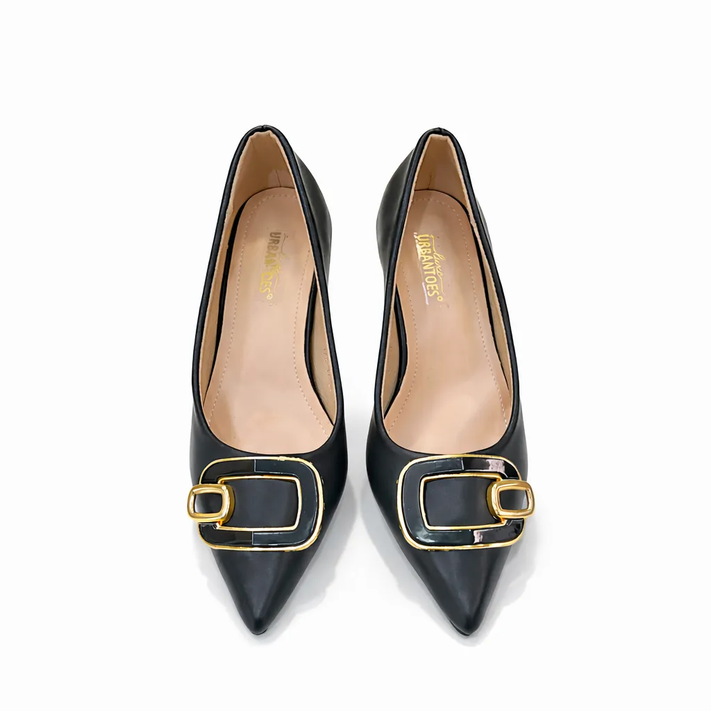 Urbantoes Elegant Black Pointed-Toe Kitten Heels with Gold Buckle Detail
