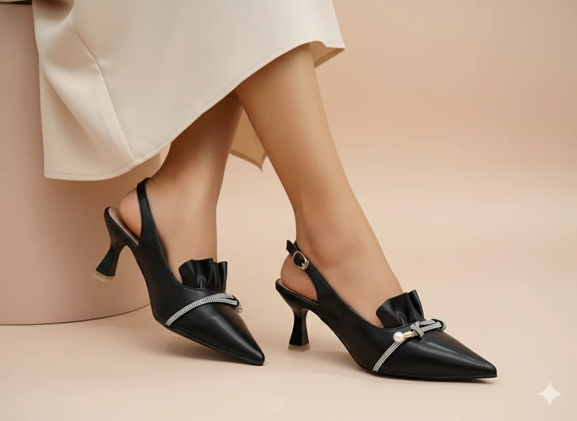 URBANTOES Elegant Ruffled Slingback Heels Black