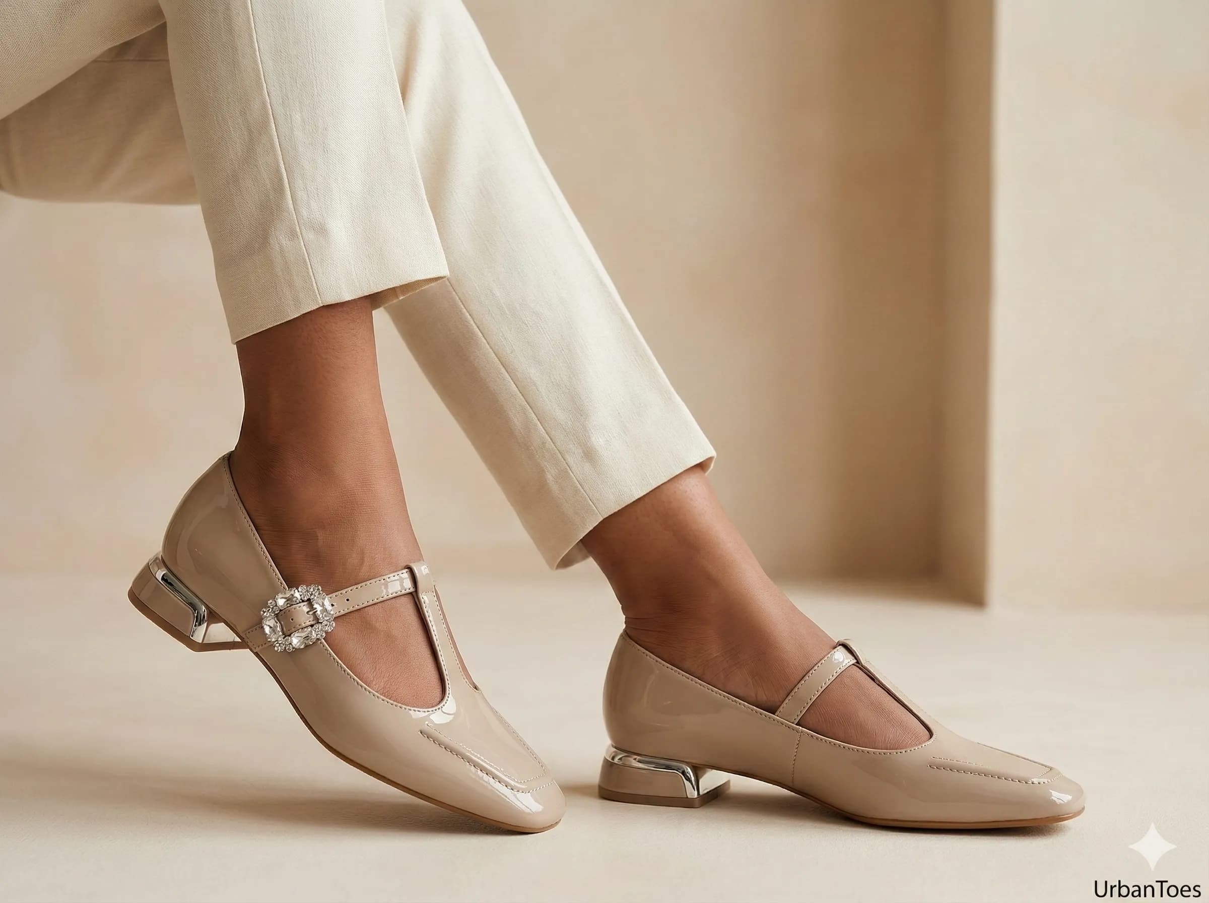 UrbanToes Noor Patent Mary Jane Heels Beige