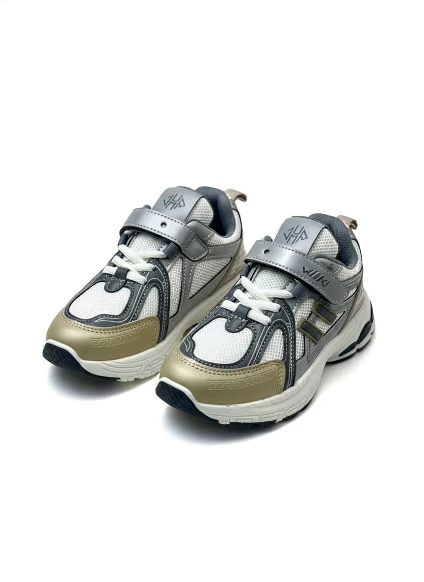 Boys Running Sports Sneakers with Hook & Loop Strap – Grey Beige