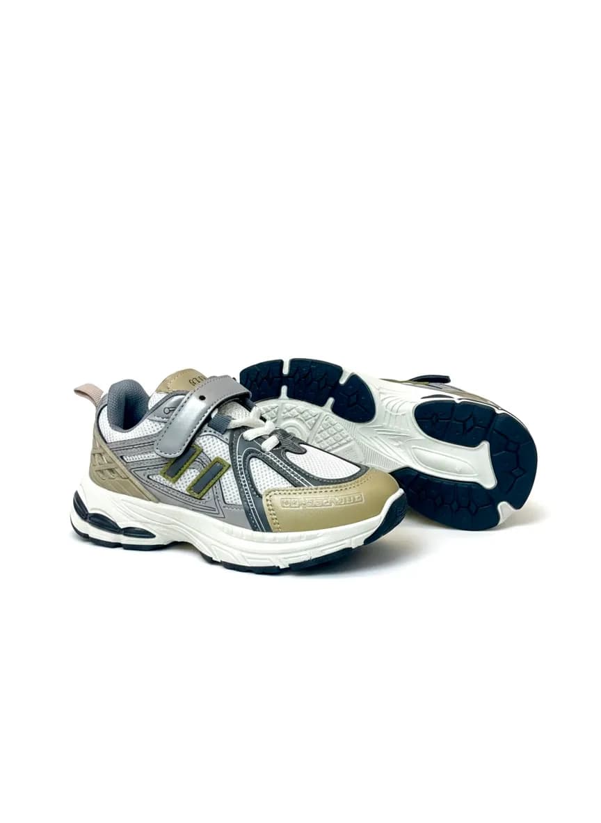 Boys Running Sports Sneakers with Hook & Loop Strap – Grey Beige