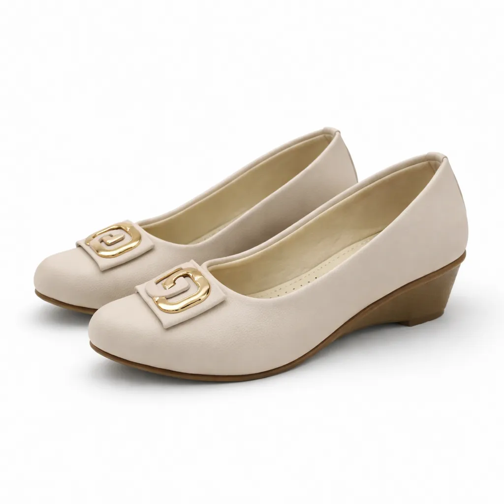 Premium Women Cream Formal Low Heel Shoes with Gold Buckle – Comfortable Office Wear