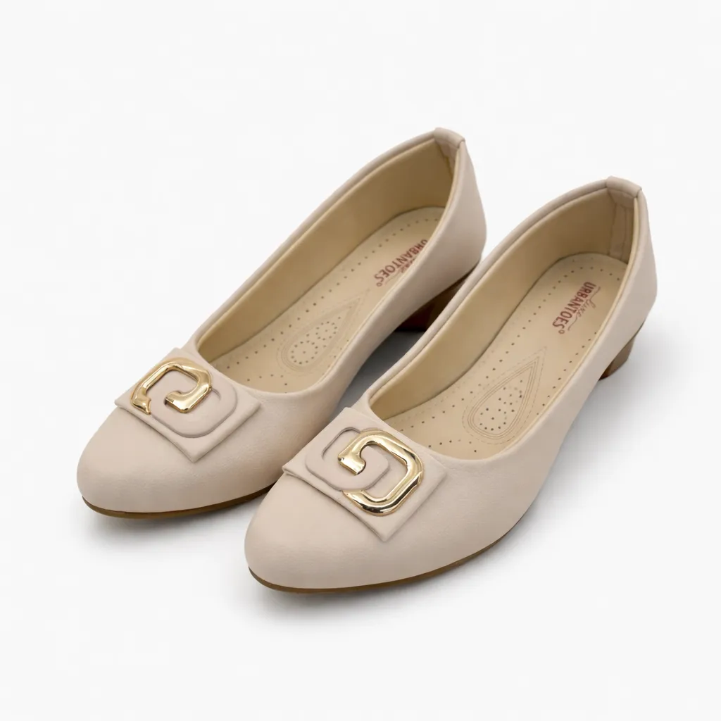 Premium Women Cream Formal Low Heel Shoes with Gold Buckle – Comfortable Office Wear