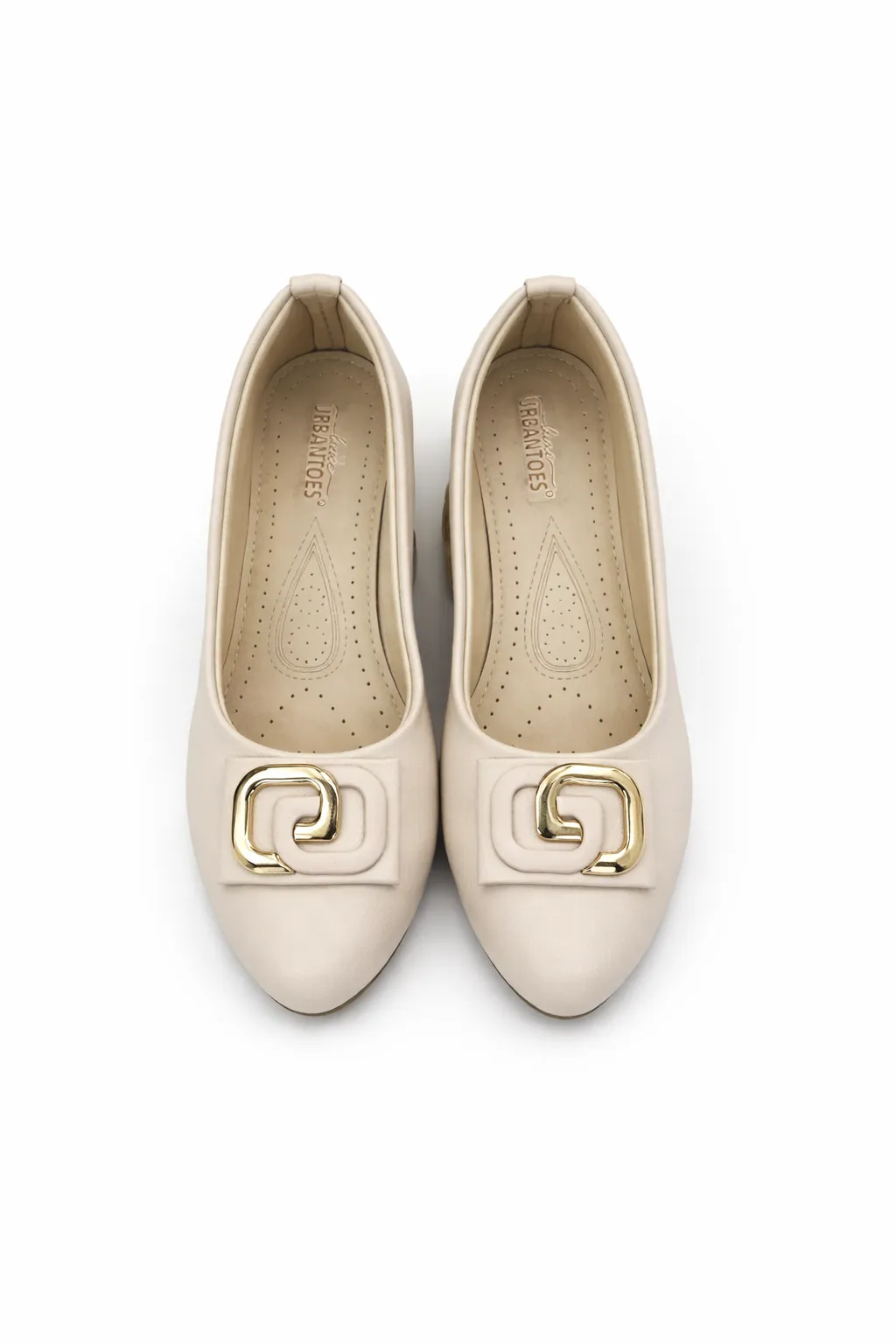Premium Women Cream Formal Low Heel Shoes with Gold Buckle – Comfortable Office Wear
