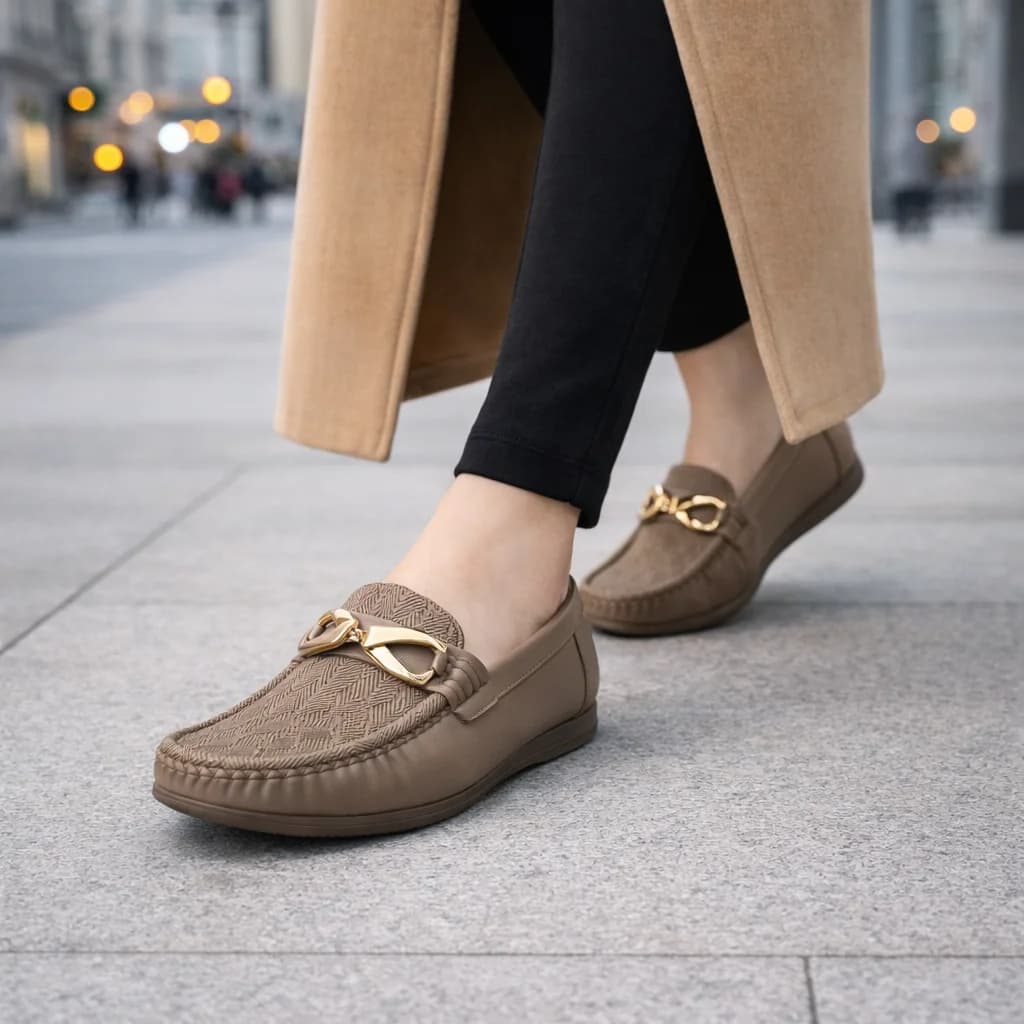 Women Comfortable Walking Loafers with Metal Buckle – Beige