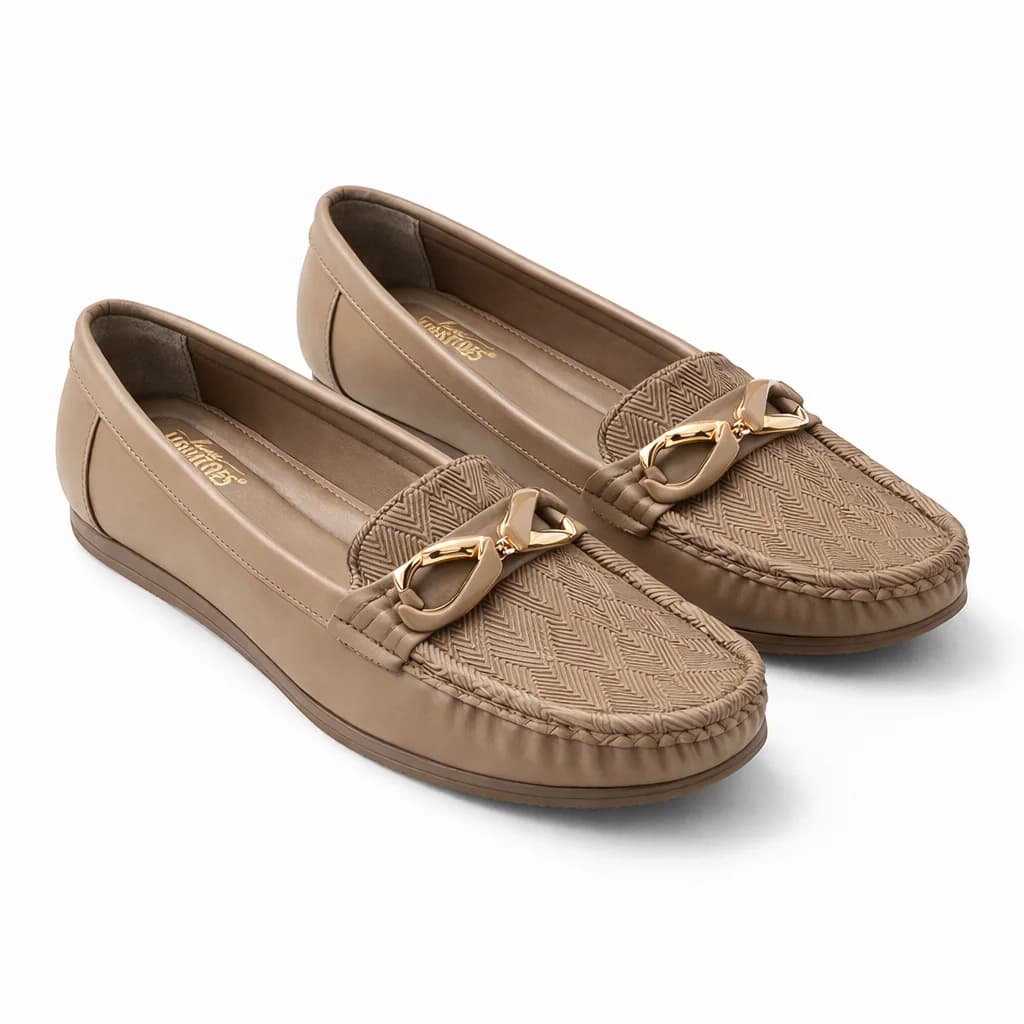 Women Comfortable Walking Loafers with Metal Buckle – Beige