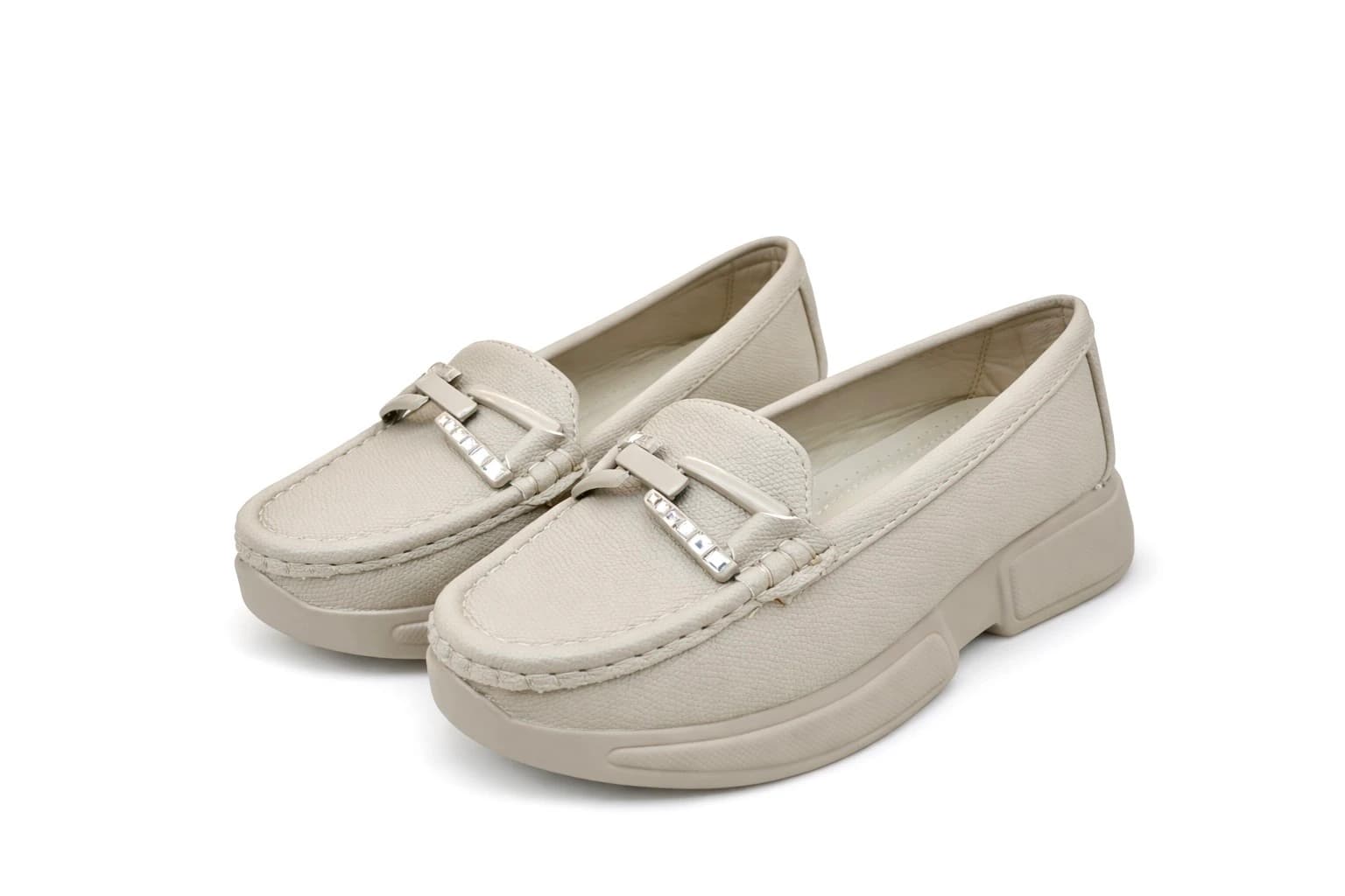 Cream Luxe Platform Comfort Loafers for Women with Crystal Hardware – Modern Elegance Redefined