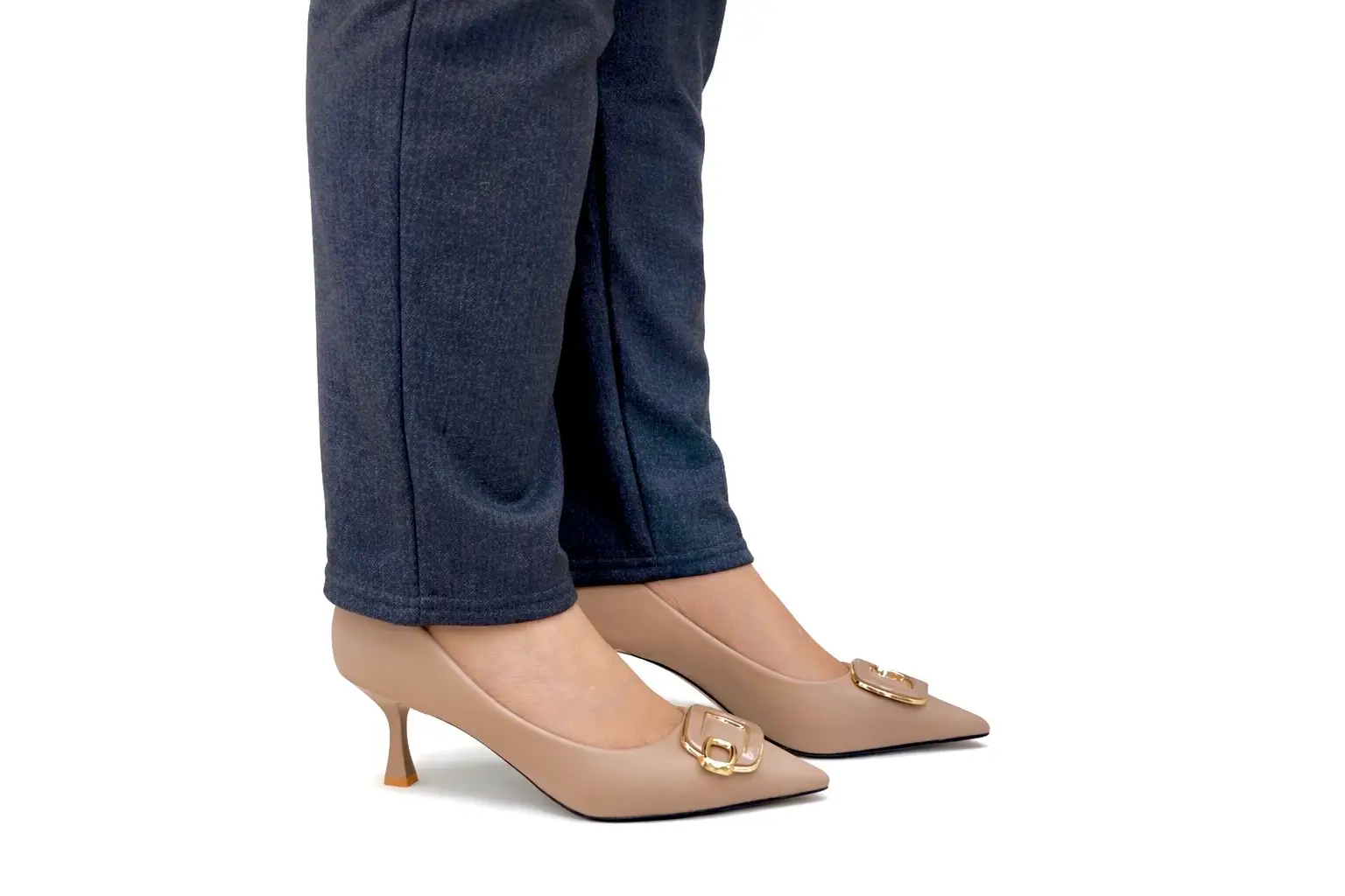 Urbantoes Elegant Brown Pointed-Toe Kitten Heels with Gold Buckle Detail