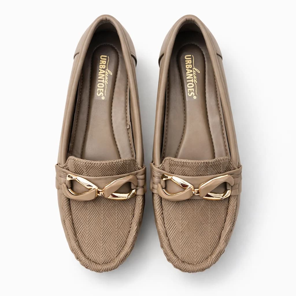 Women Comfortable Walking Loafers with Metal Buckle – Beige