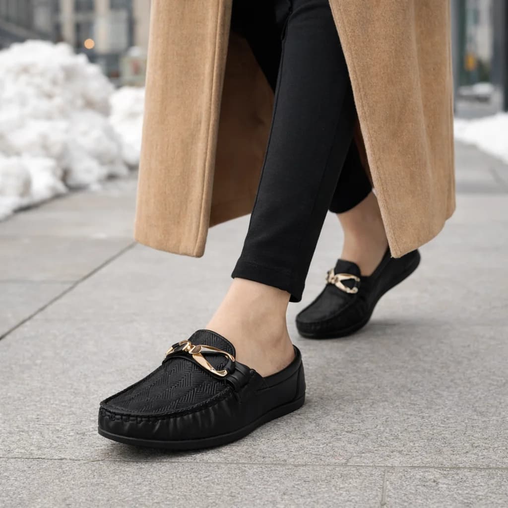 Women Comfortable Walking Loafers with Metal Buckle – Black