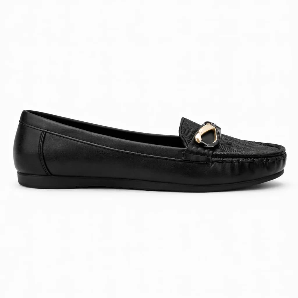 Women Comfortable Walking Loafers with Metal Buckle – Black