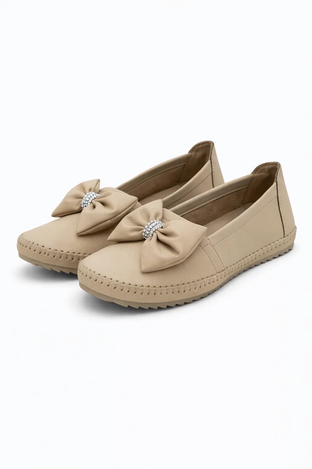 Beige Bow Stone Women Walking Flats
