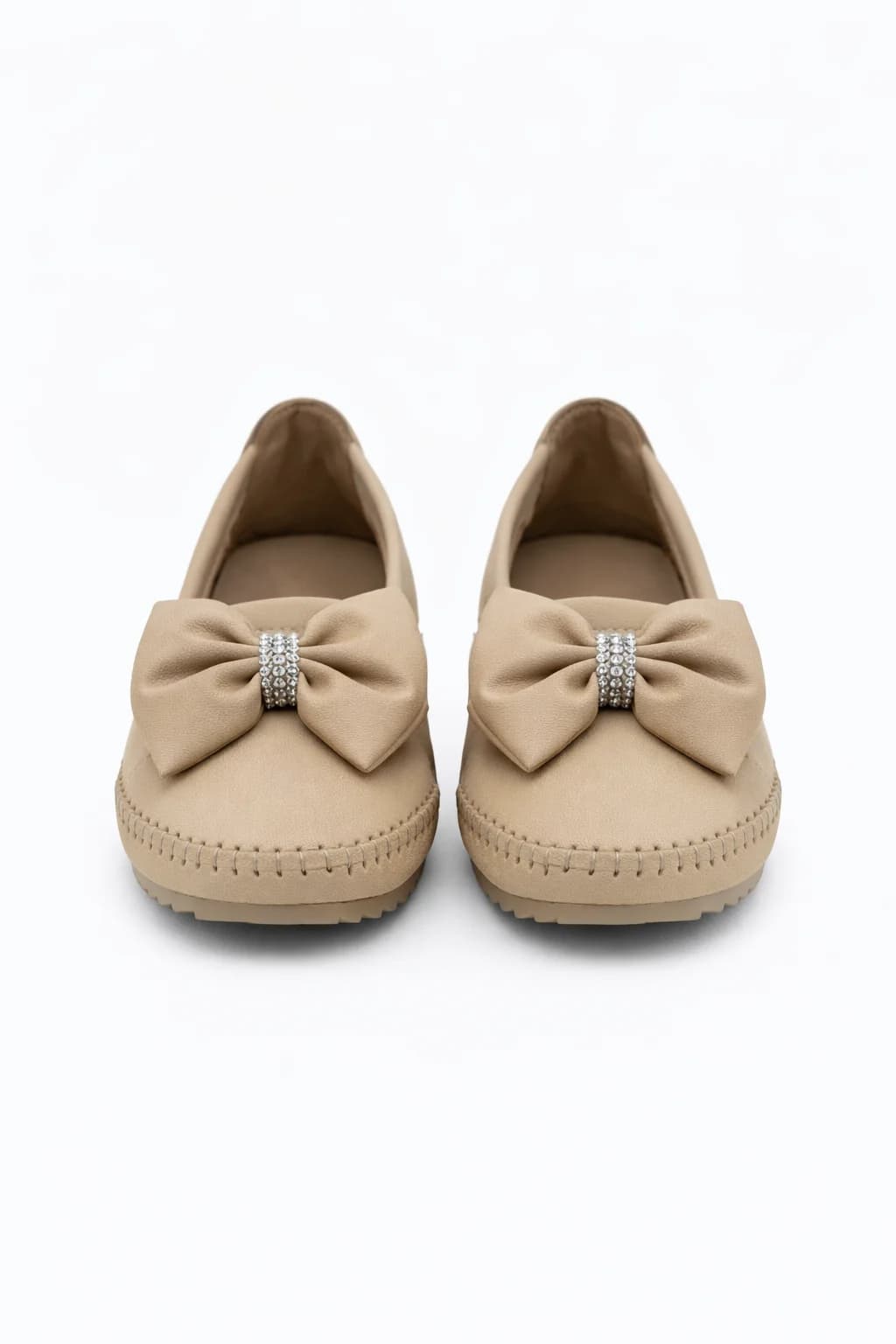 Beige Bow Stone Women Walking Flats