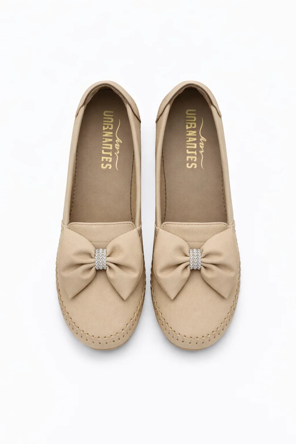 Beige Bow Stone Women Walking Flats