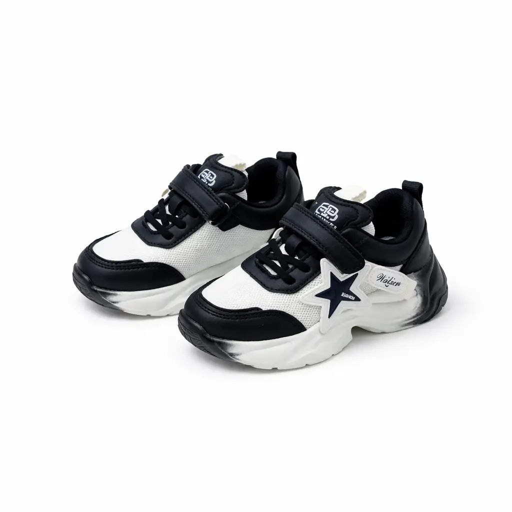 Kids White & Black Sports Shoes with Velcro Strap – Daily & Play Wear