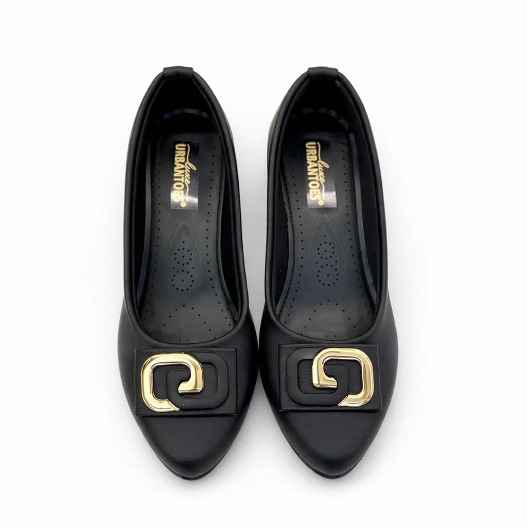Premium Black Formal Low Heel Shoes for Women with Gold Buckle – Comfortable Office Wear