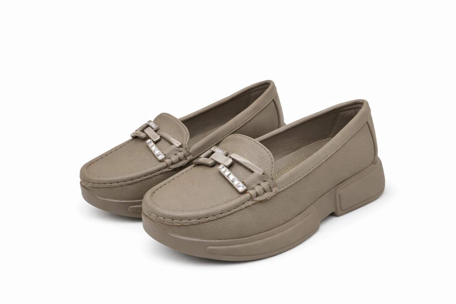 Khakhi Luxe Platform Comfort Loafers for Women with Crystal Hardware – Modern Elegance Redefined