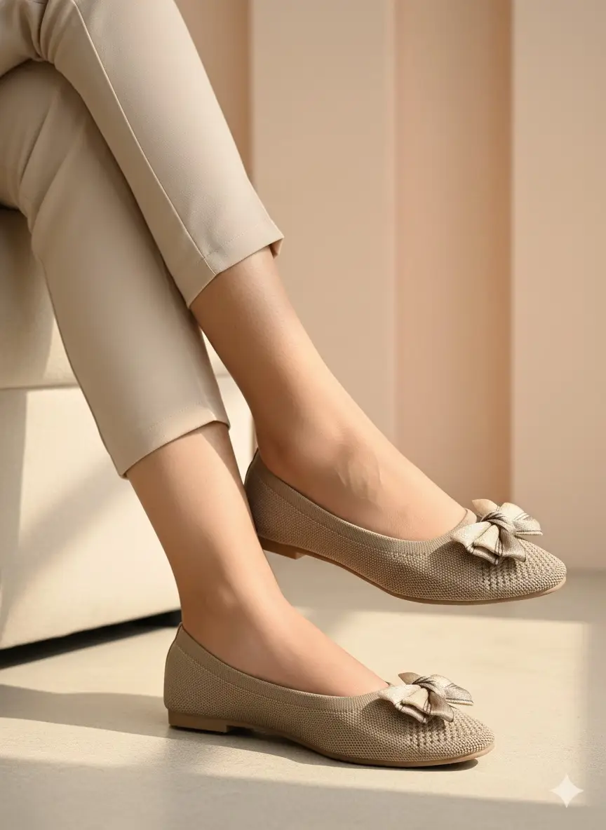 Elegant Beige Ballerina Flats with Stylish Bow — Comfort Daily Wear for Women