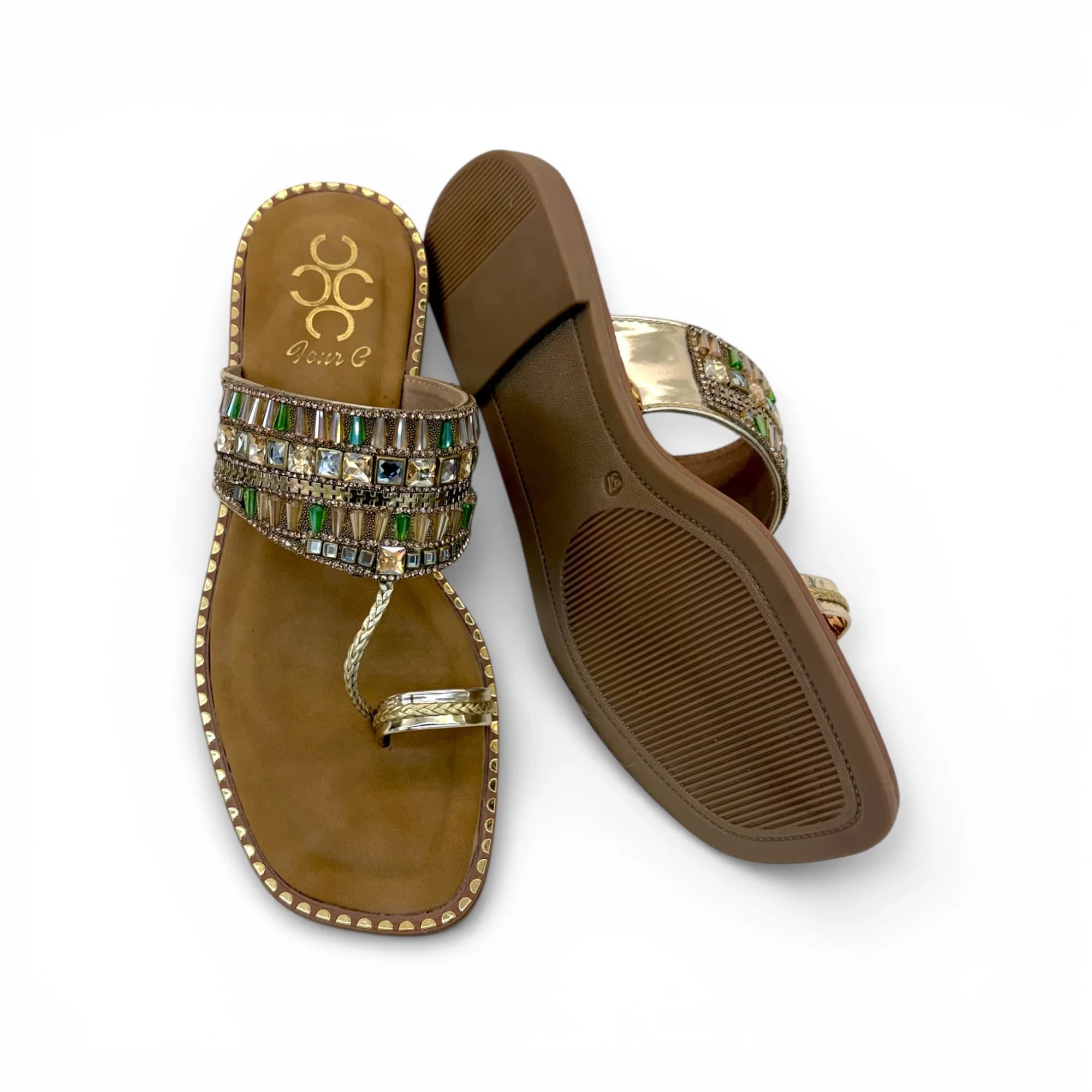 Women Green Crystal Stone Work Ethnic Flats