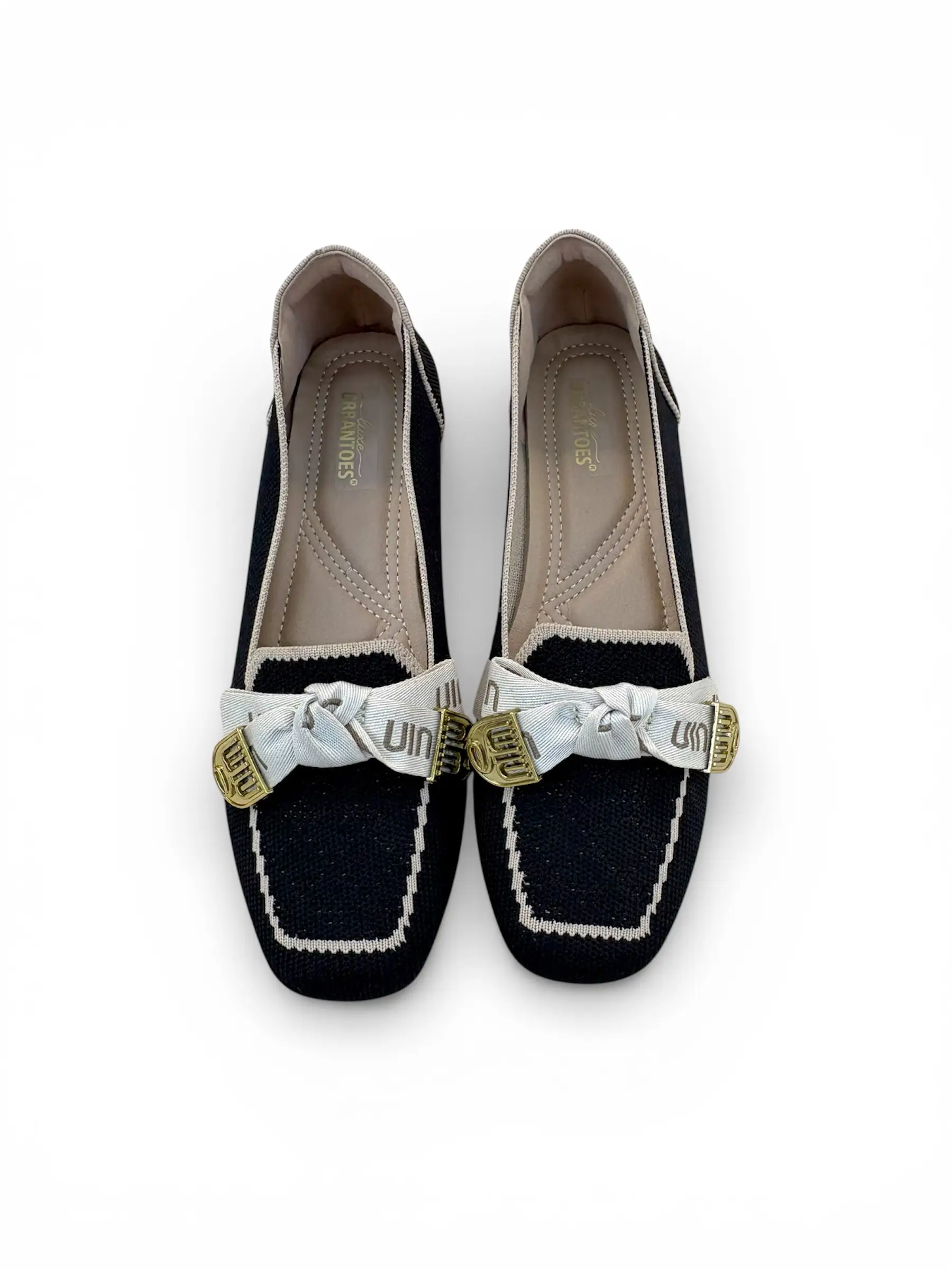 Women’s Black Knit Loafers with Elegant Metal Detail
