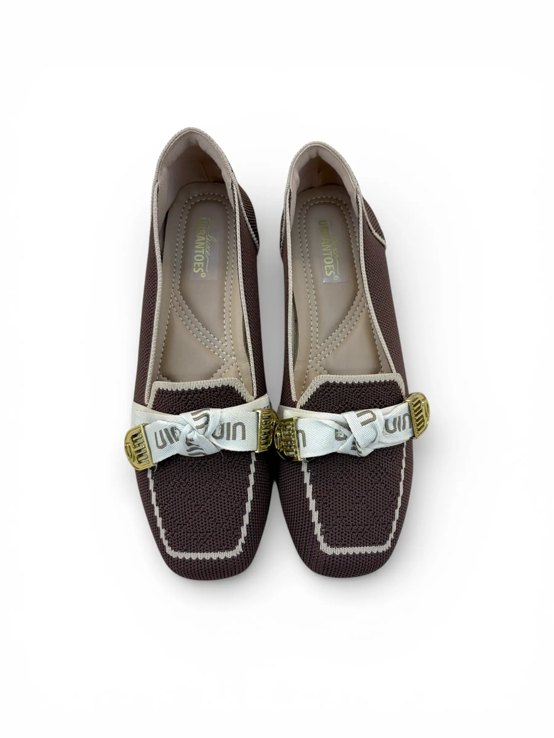 Women’s Coffee Brown Knit Loafers with Elegant Metal Detail