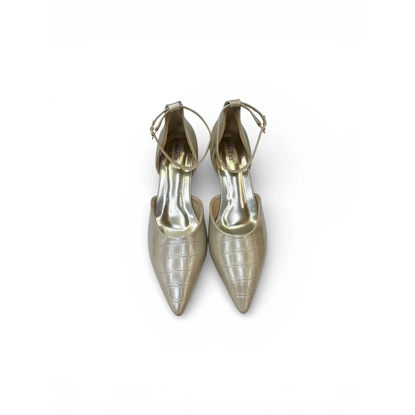 Women’s Light Golden Croc-Textured Ankle Strap Heels
