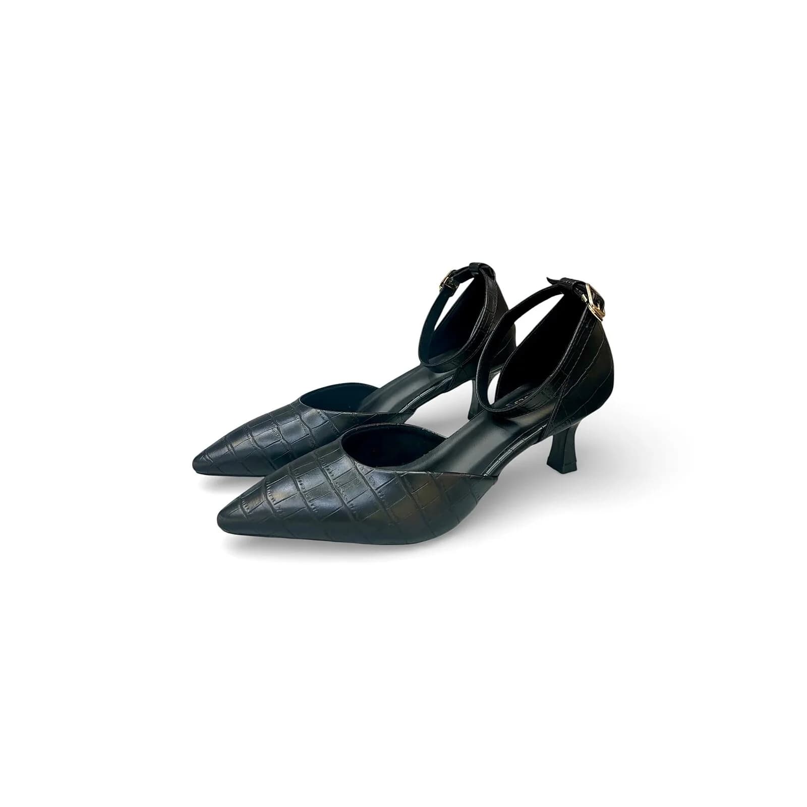 Women’s Black Croc-Textured Ankle Strap Heels