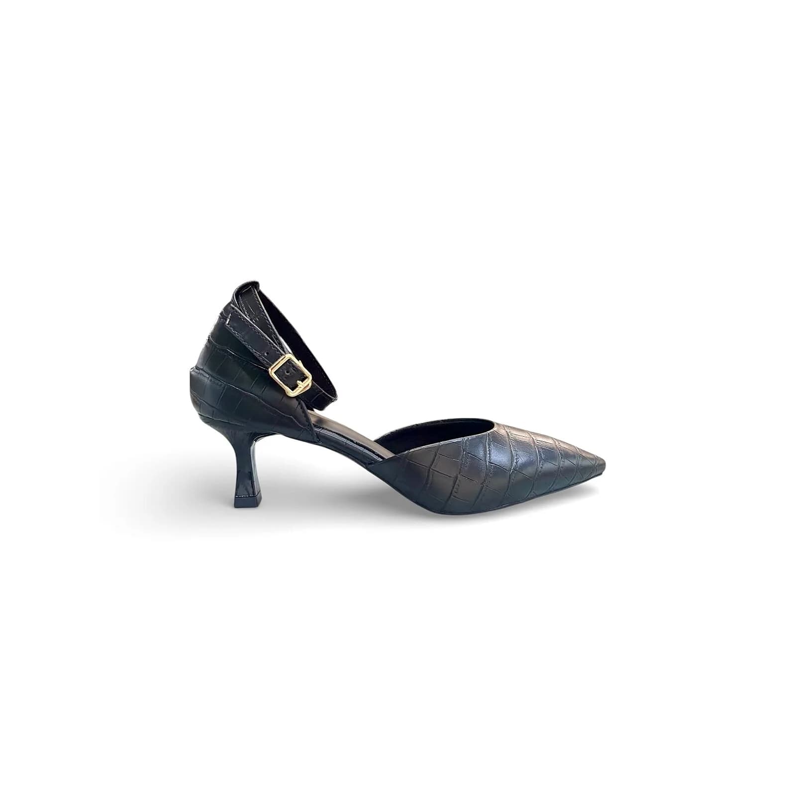 Women’s Black Croc-Textured Ankle Strap Heels