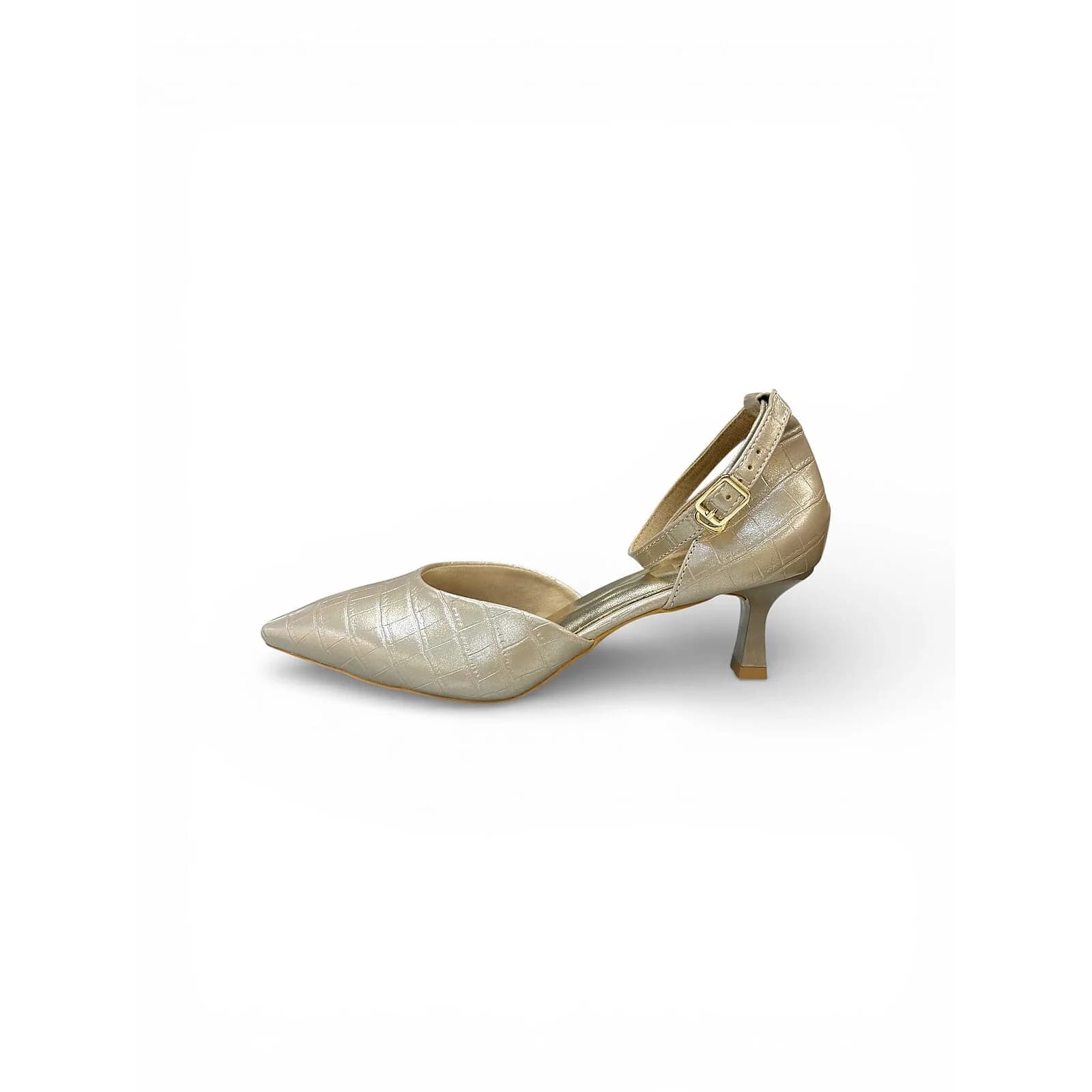 Women’s Light Golden Croc-Textured Ankle Strap Heels