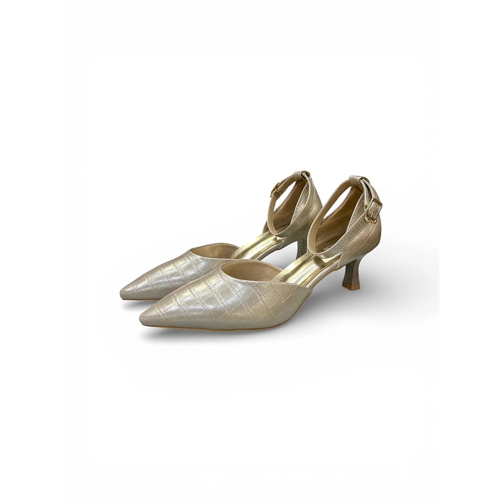 Women’s Light Golden Croc-Textured Ankle Strap Heels