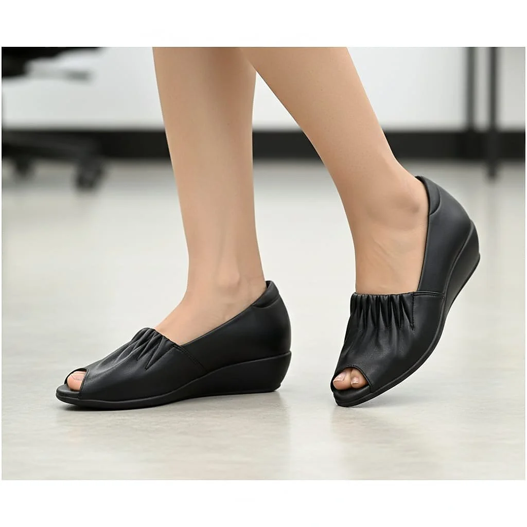 Women’s Black Peep Toe Wedge Shoes with Cushioned Comfort