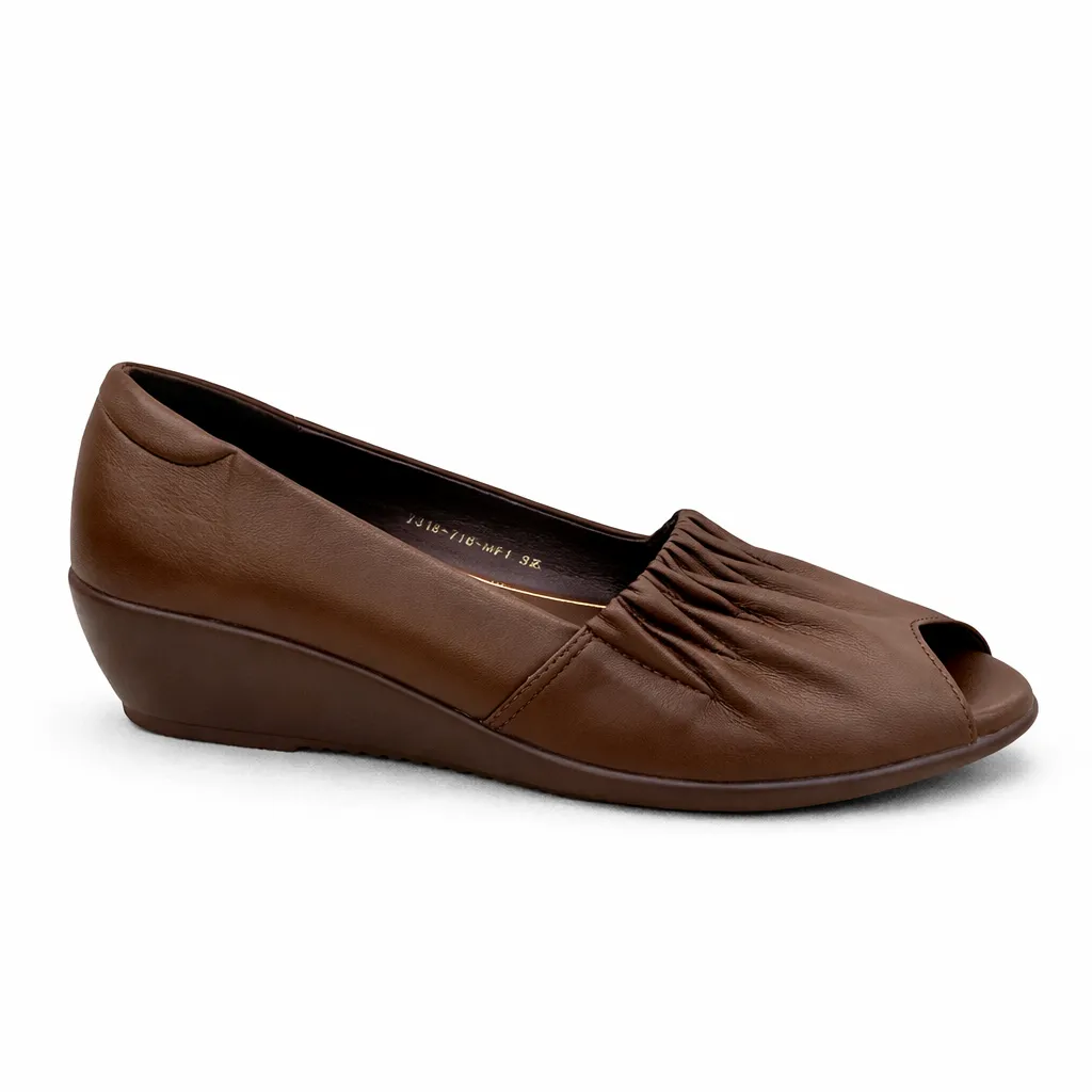 Women’s Coffee Brown Peep Toe Wedge Shoes with Cushioned Comfort
