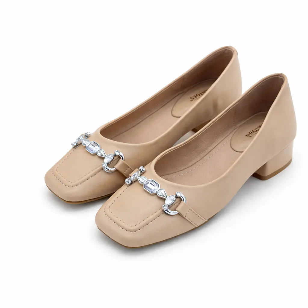 UrbanToes Women’s Cream Block Heel Pumps with Stone Detail