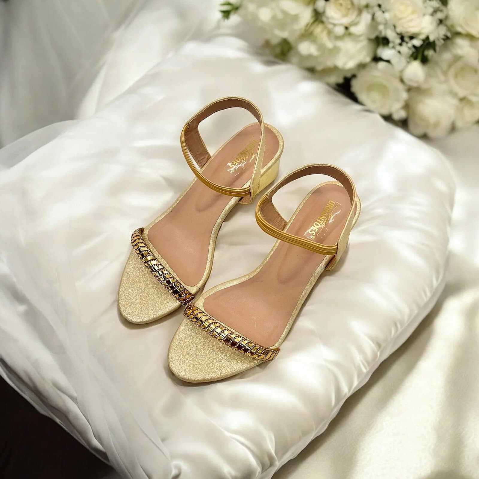 Women’s Gold Embellished Block Heel Sandals for Party & Festive Wear