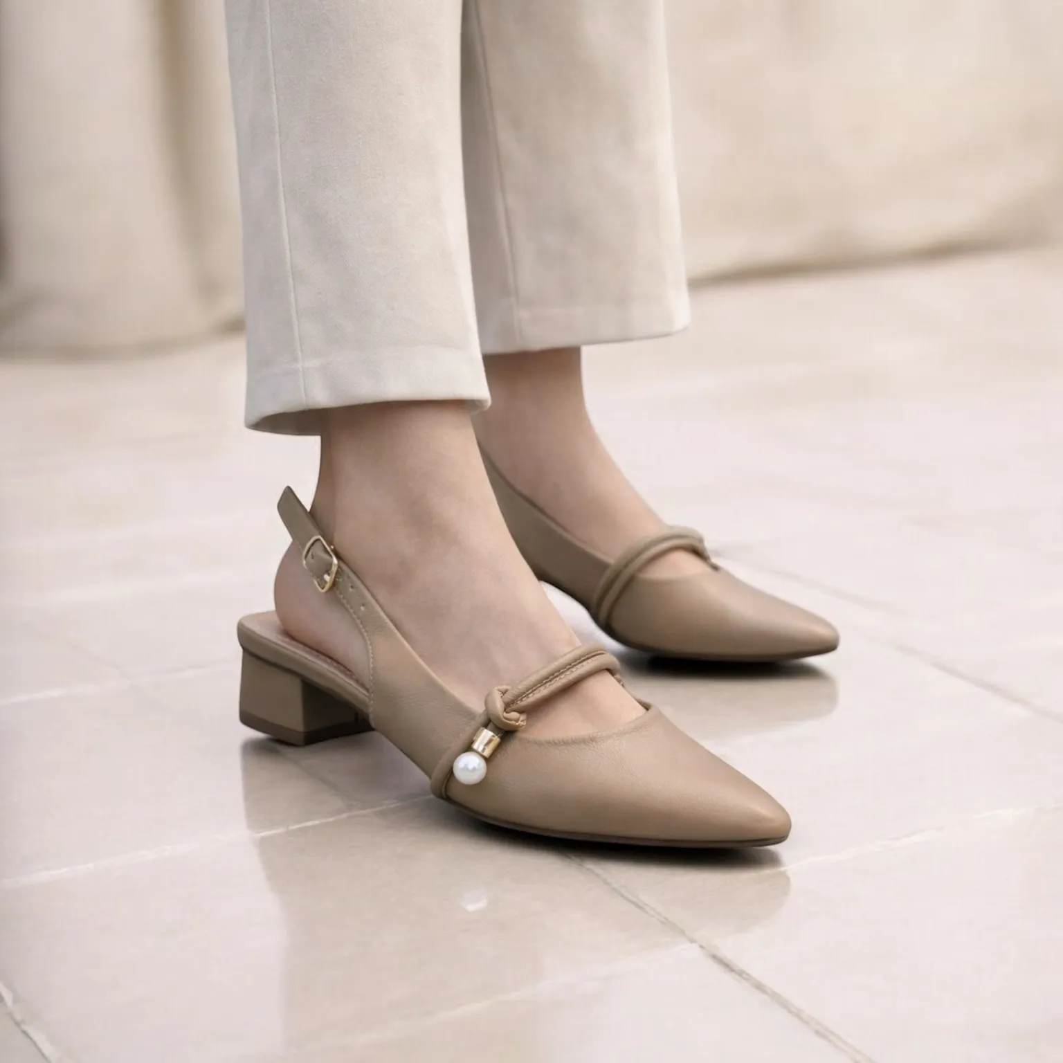 Khakhi Slingback Block Heel Pumps for Women